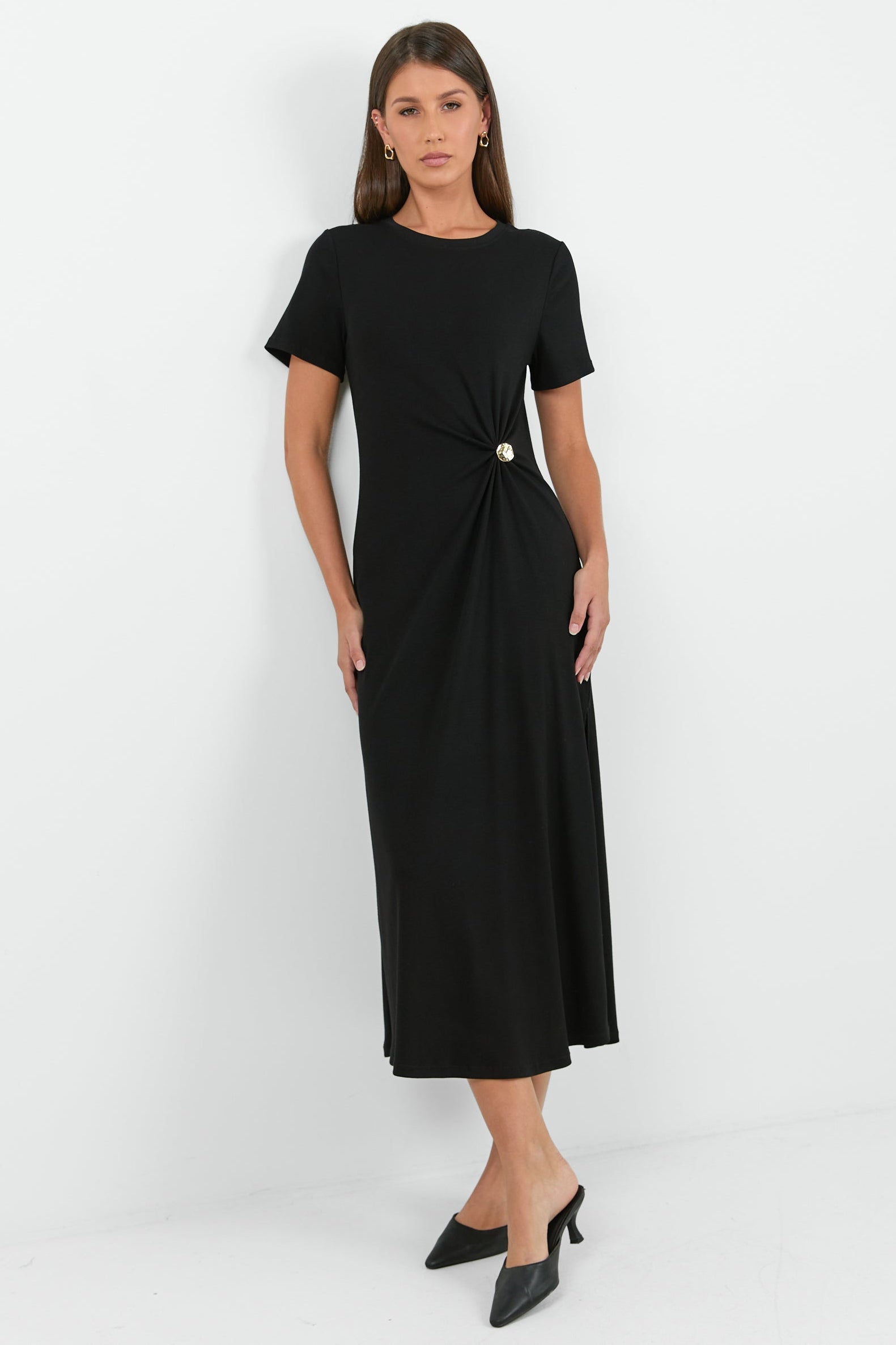 Anchor Black Waist Buckle Short Sleeve Knit Maxi Dress