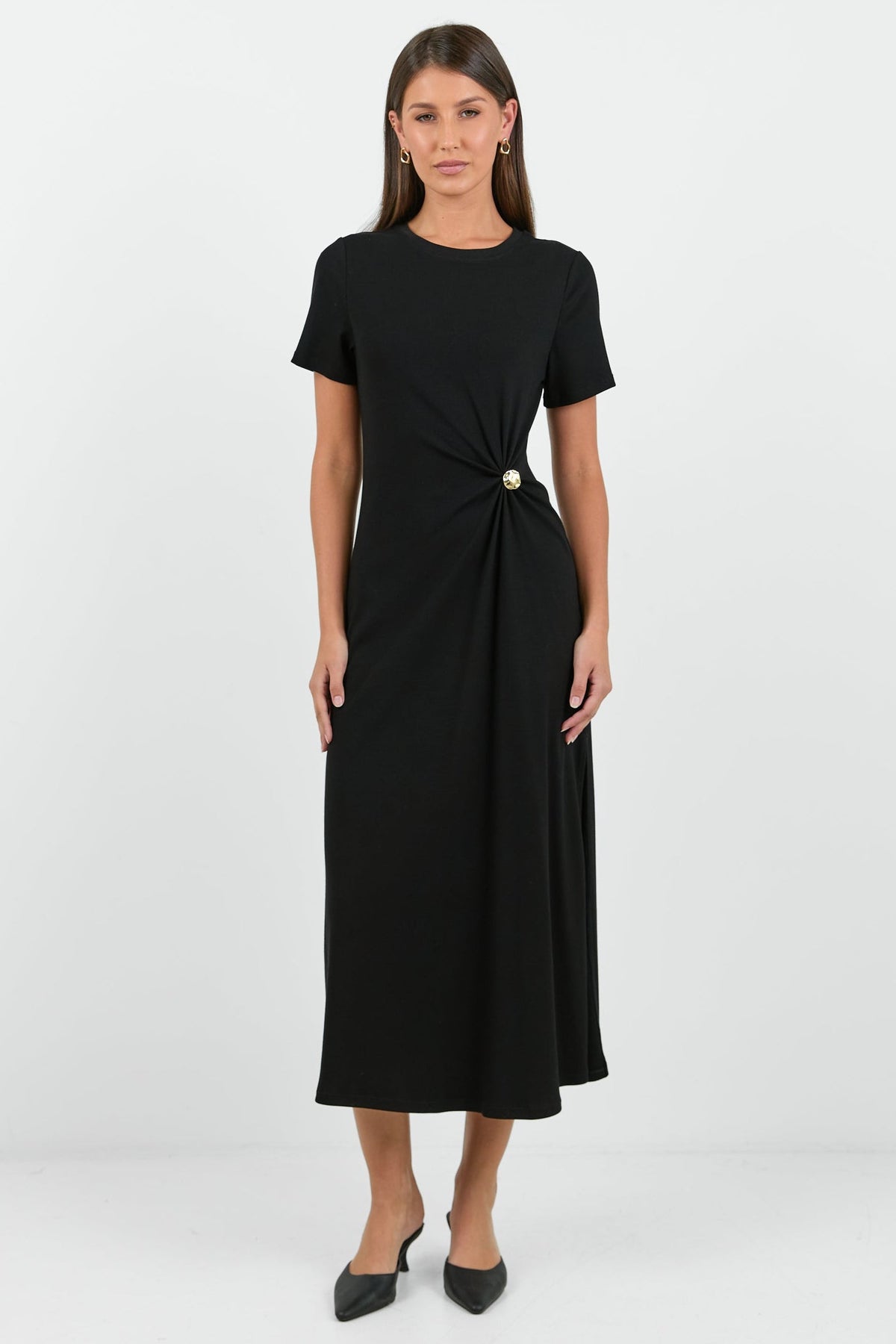 Anchor Black Waist Buckle Short Sleeve Knit Maxi Dress