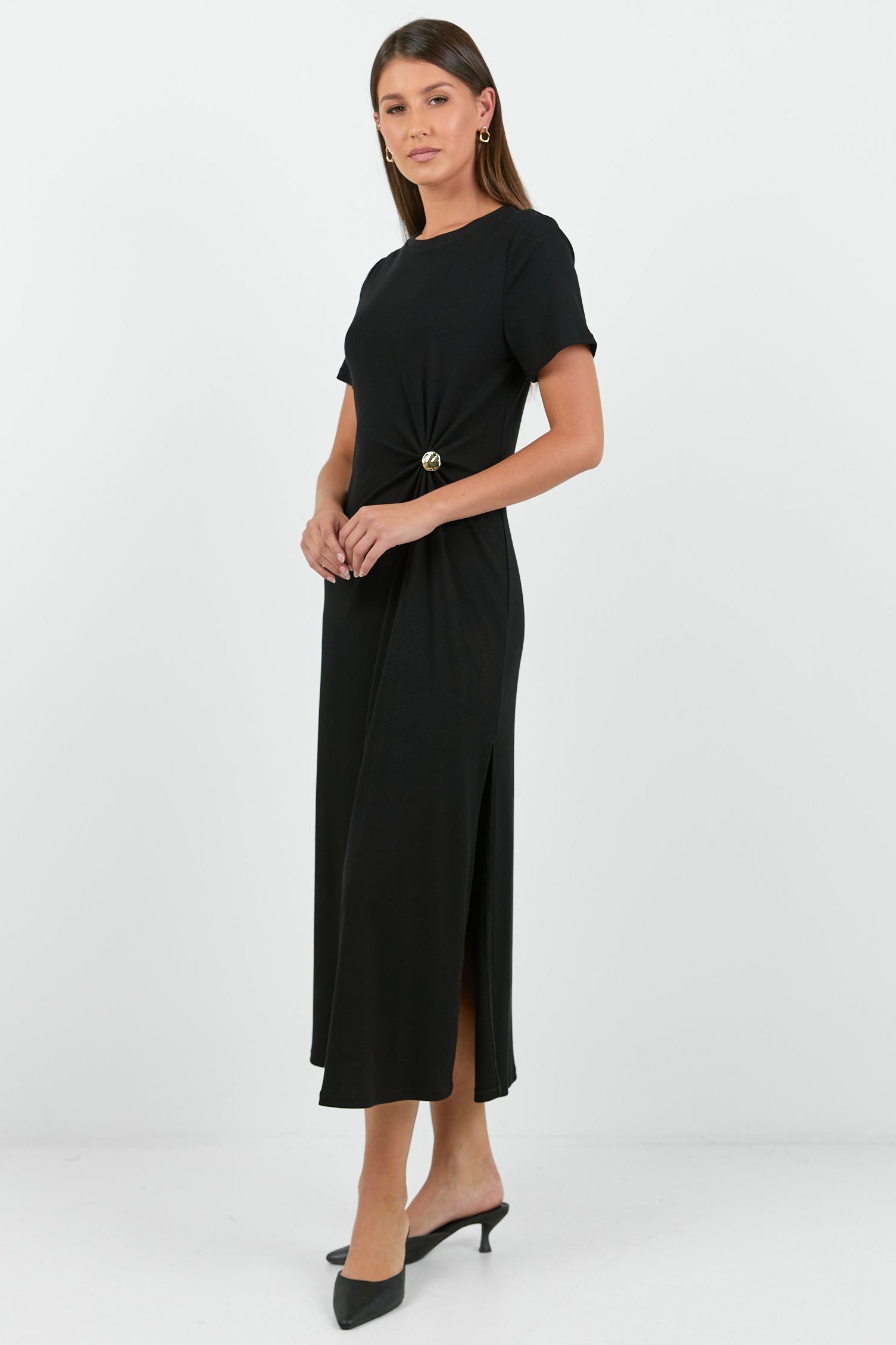 Anchor Black Waist Buckle Short Sleeve Knit Maxi Dress