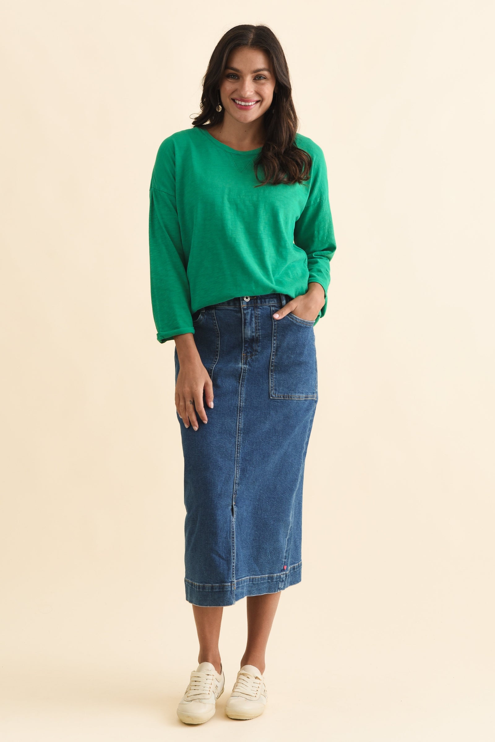 Attie Dark Blue Denim Stretch Midi Skirt
