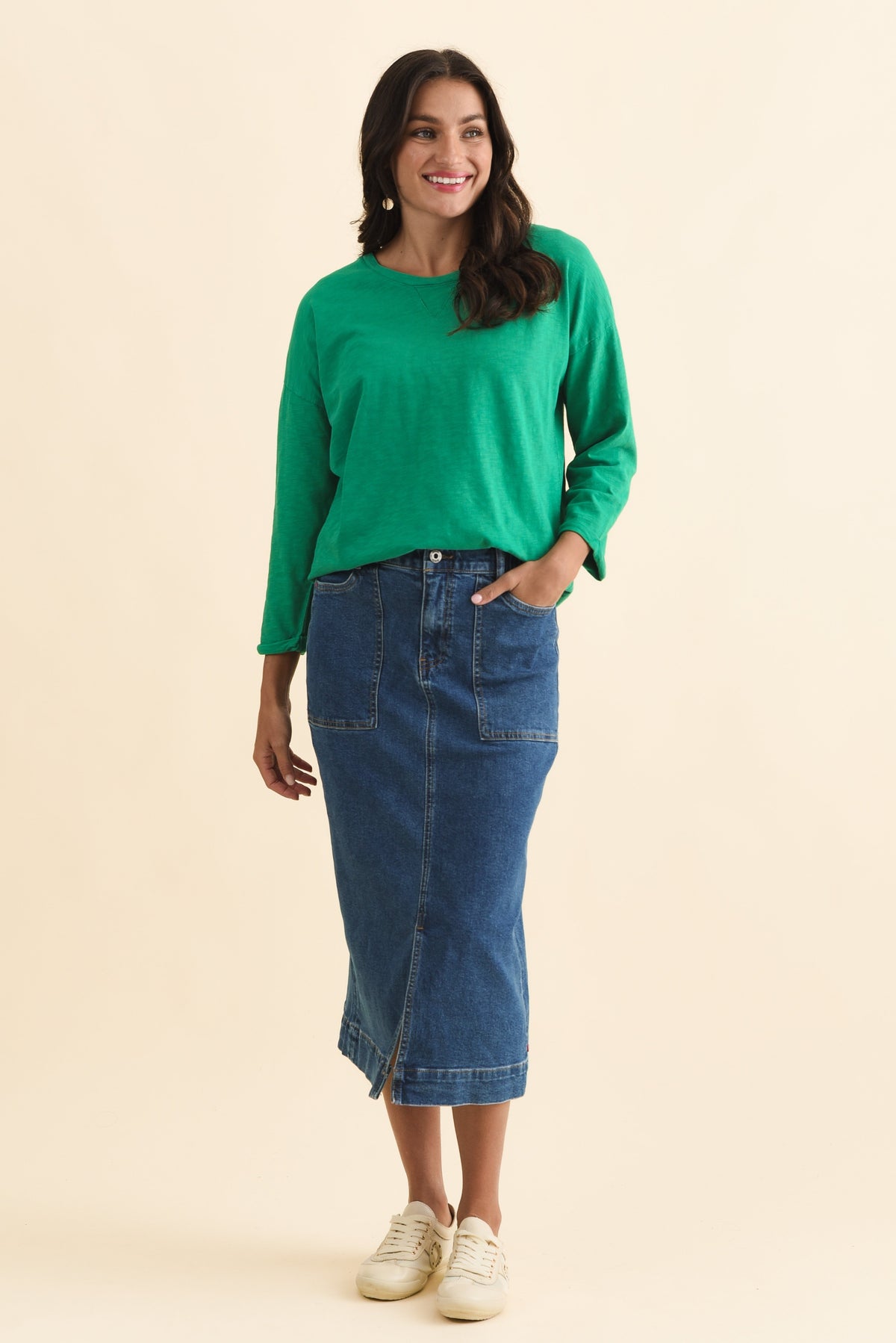 Attie Dark Blue Denim Stretch Midi Skirt