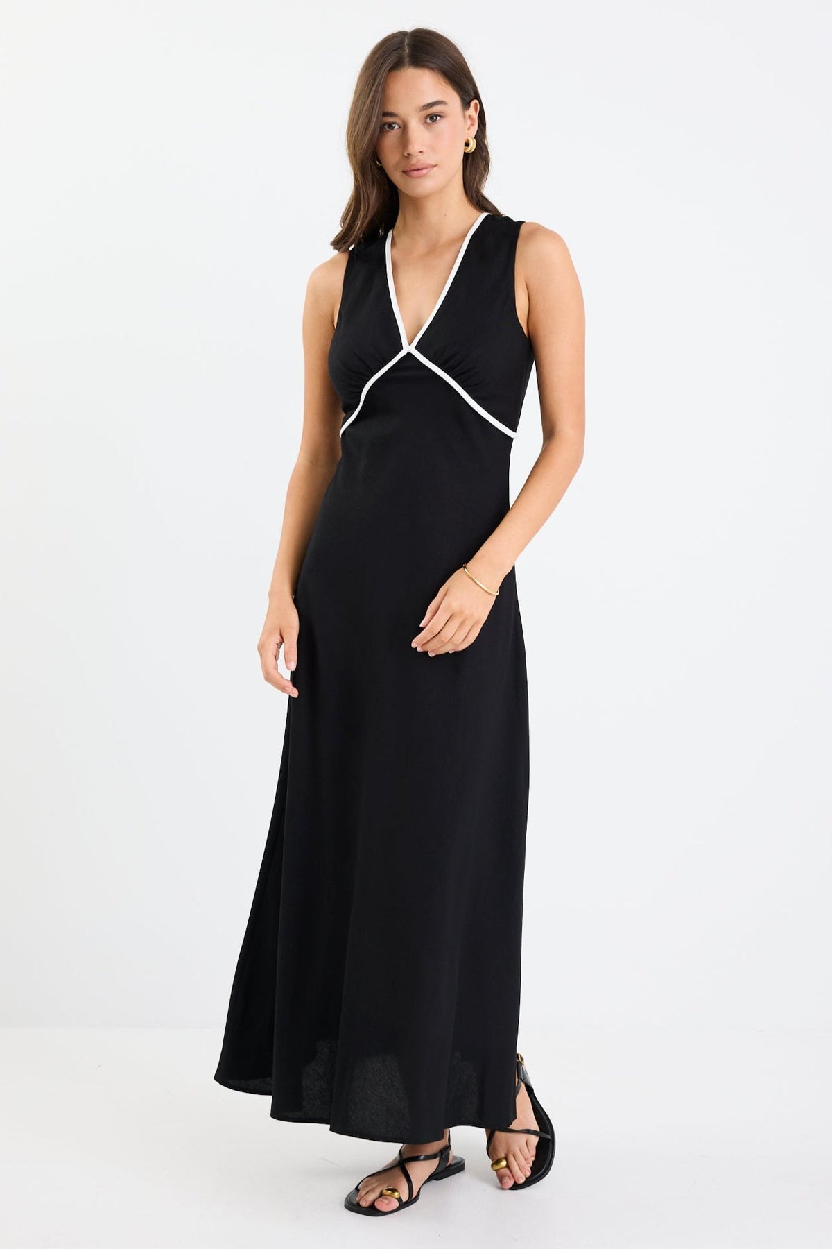 Aston Black Linen Blend Contrast Bias Flared Maxi Dress