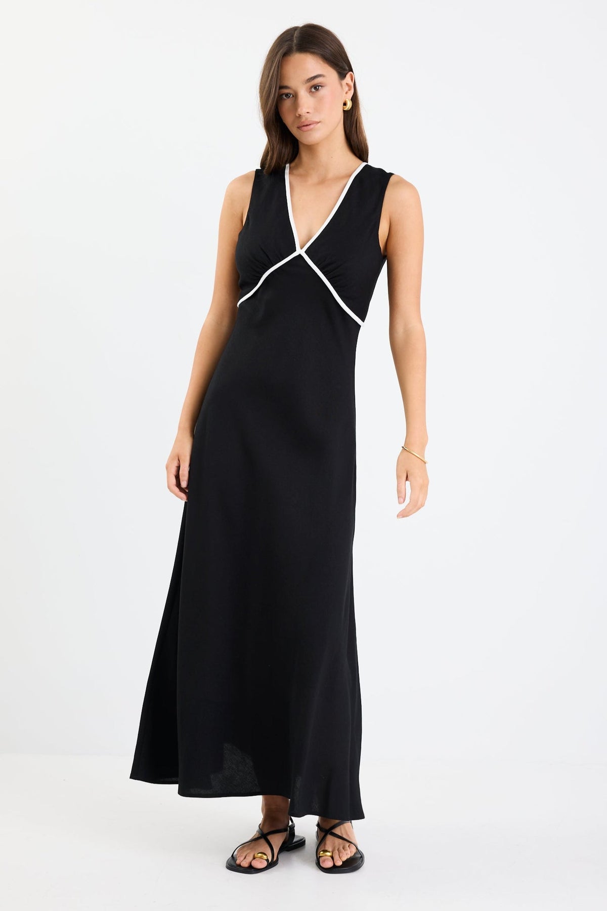 Aston Black Linen Blend Contrast Bias Flared Maxi Dress