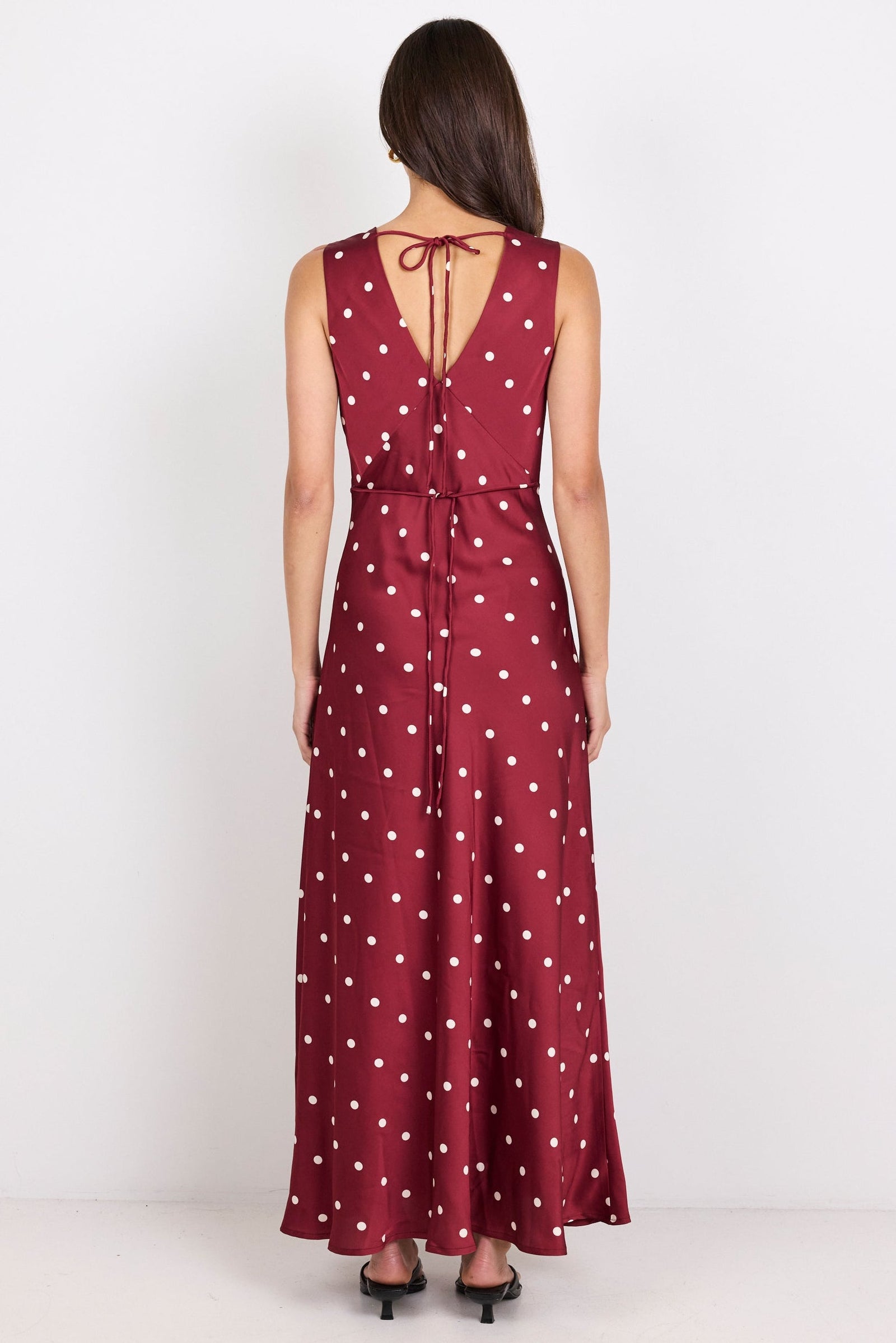 Aston Wine Cream Polka Dot Satin Bias Flared Maxi Dress