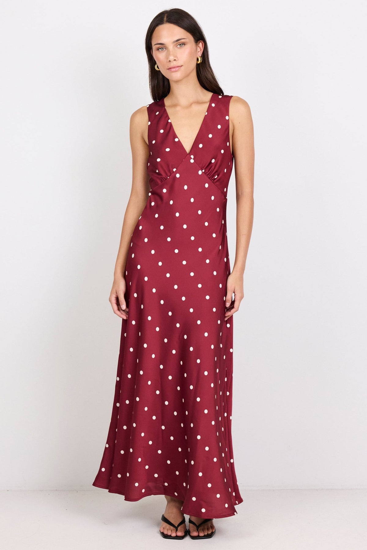 Aston Wine Cream Polka Dot Satin Bias Flared Maxi Dress