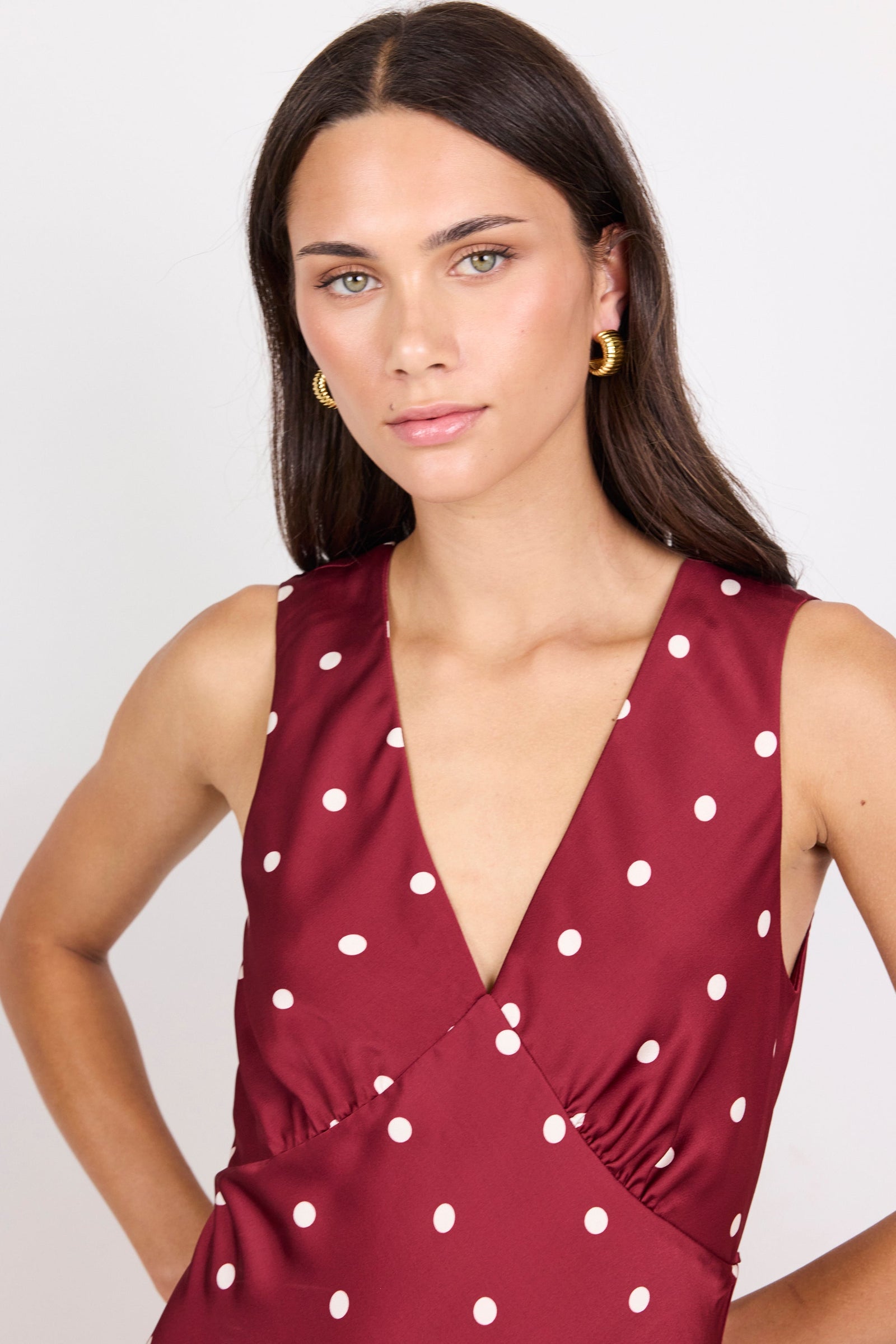Aston Wine Cream Polka Dot Satin Bias Flared Maxi Dress