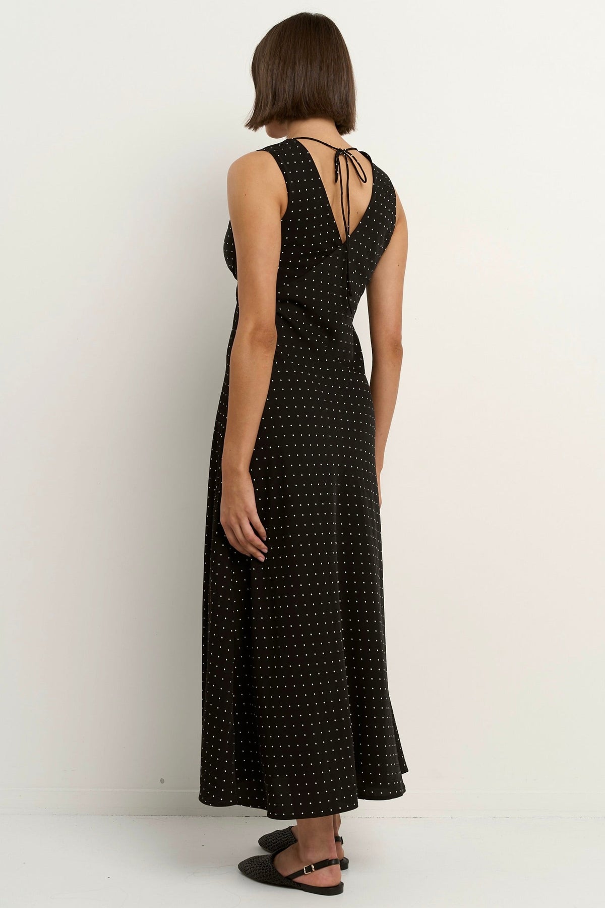 Aston Black Ditsy Polka Dot Satin Bias Flared Maxi Dress