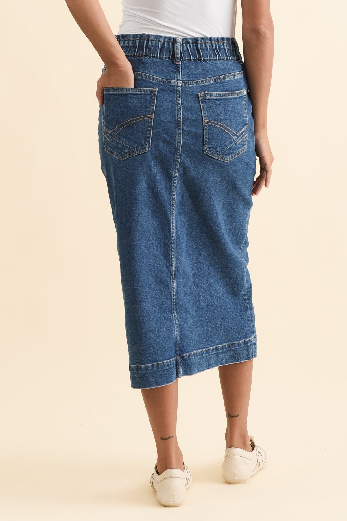 Attie Dark Blue Denim Stretch Midi Skirt