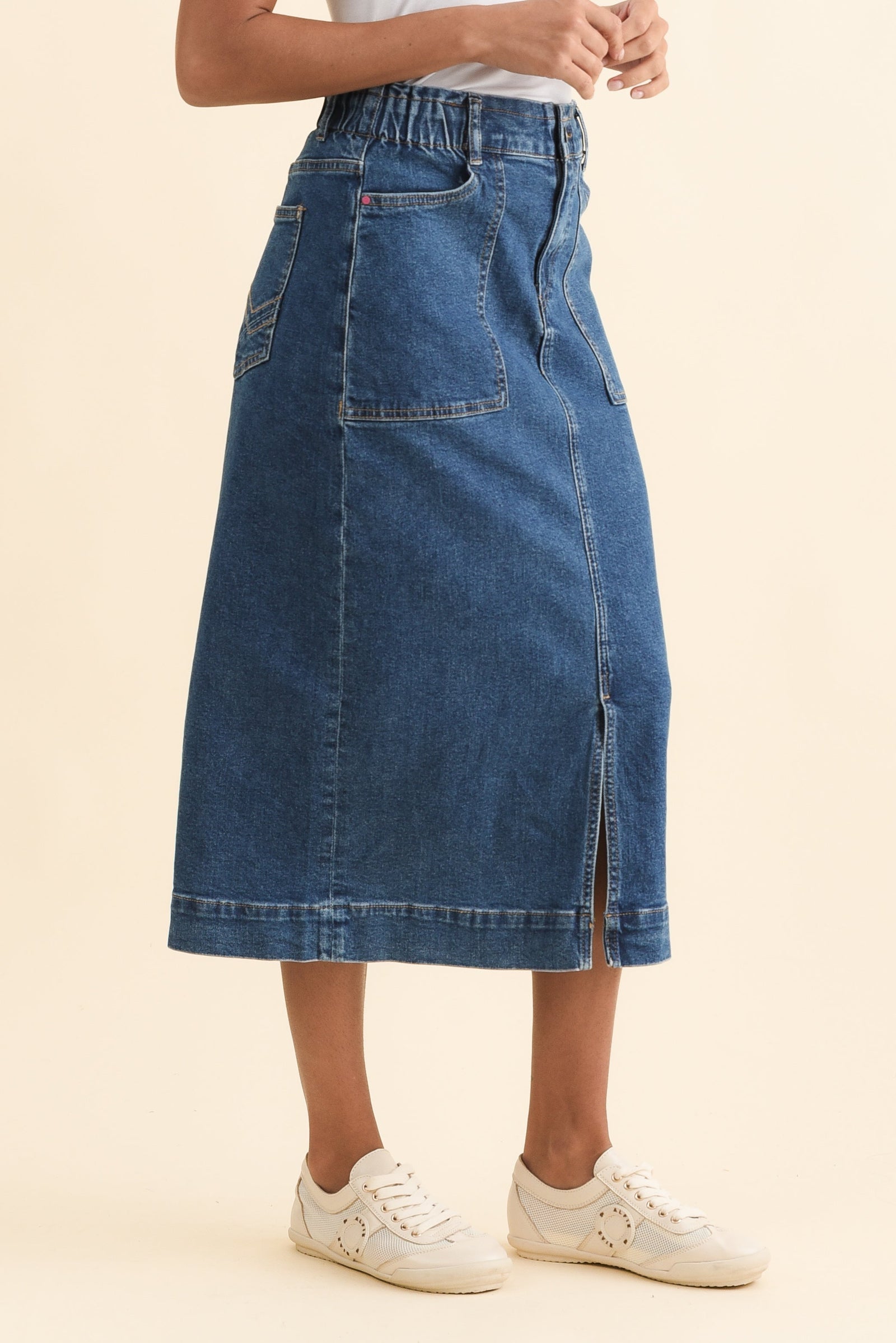 Attie Dark Blue Denim Stretch Midi Skirt