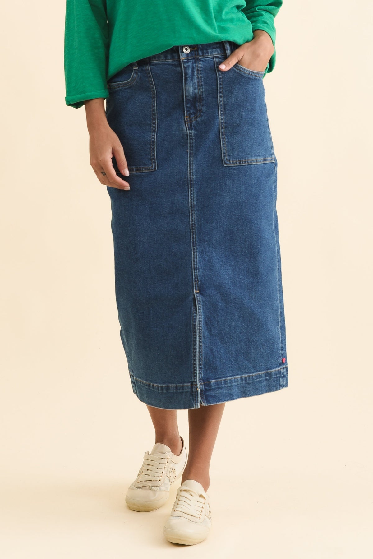 Attie Dark Blue Denim Stretch Midi Skirt