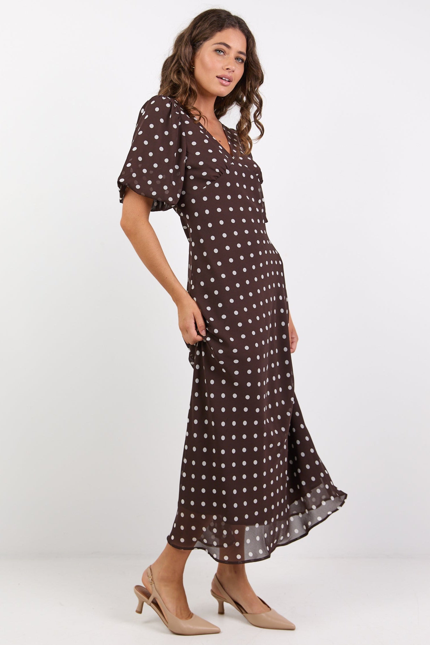 Aura Chocolate Polka Dot Puff Short Sleeve Bias Midi Dress