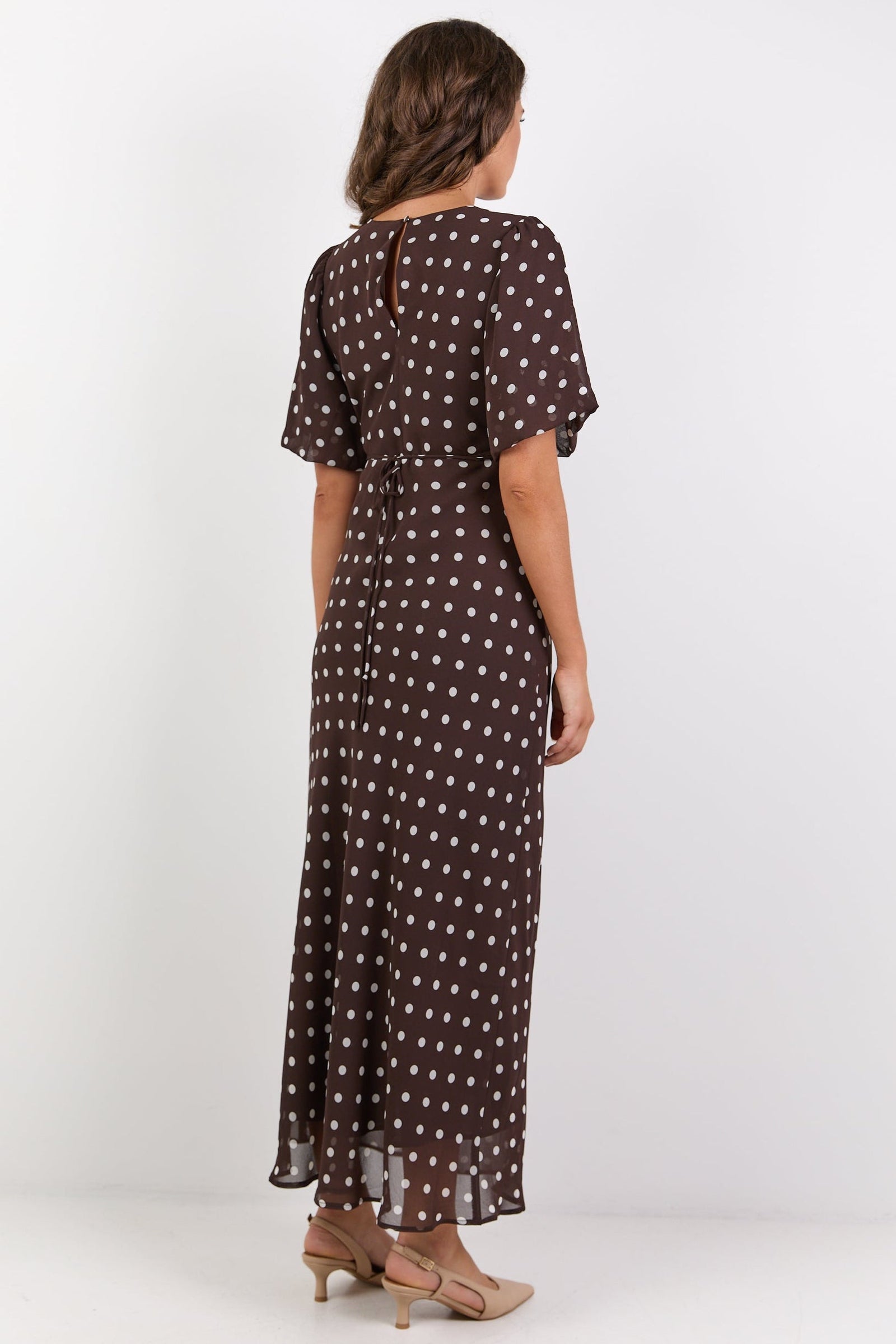Aura Chocolate Polka Dot Puff Short Sleeve Bias Midi Dress