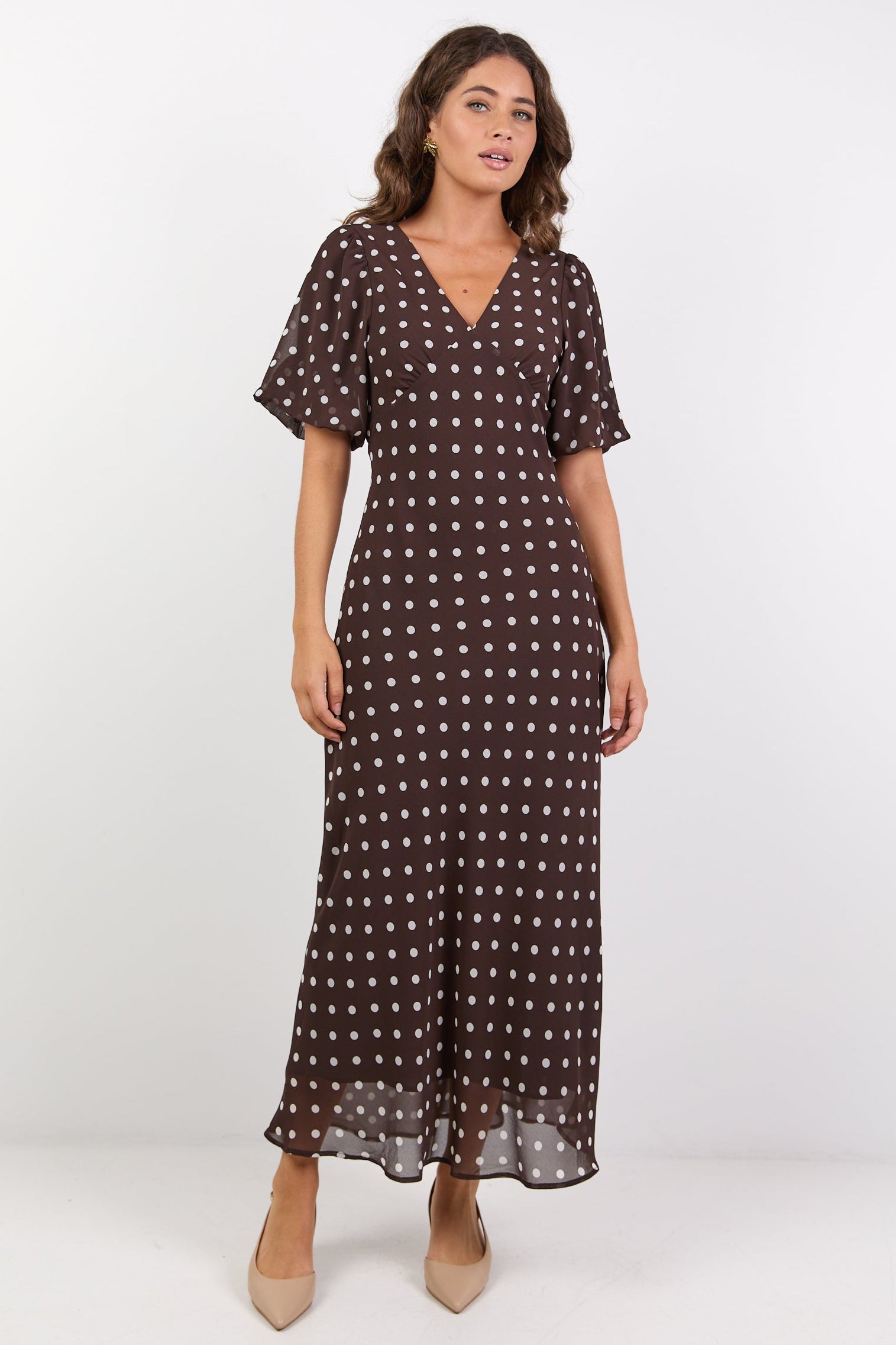 Aura Chocolate Polka Dot Puff Short Sleeve Bias Midi Dress