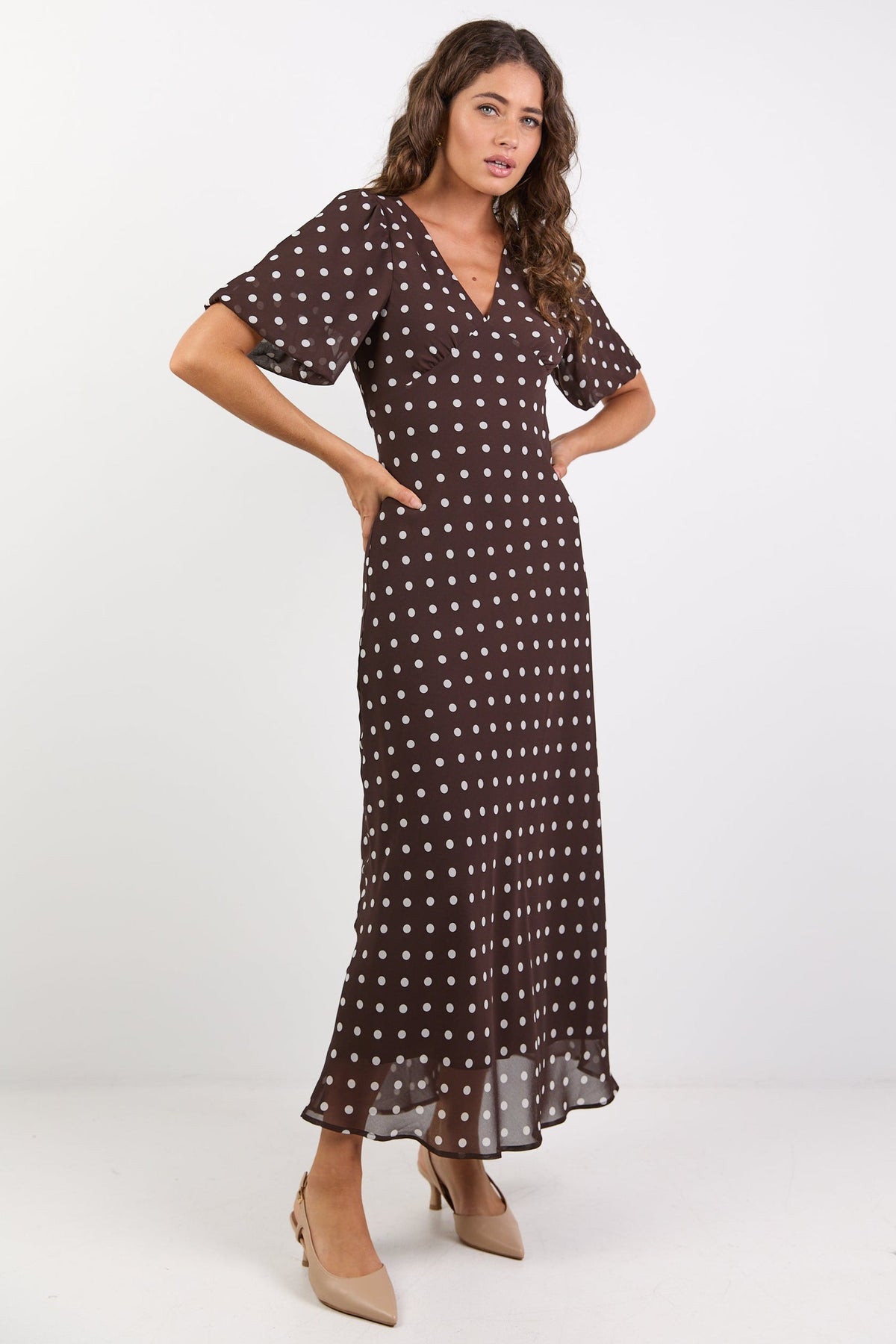 Aura Chocolate Polka Dot Puff Short Sleeve Bias Midi Dress