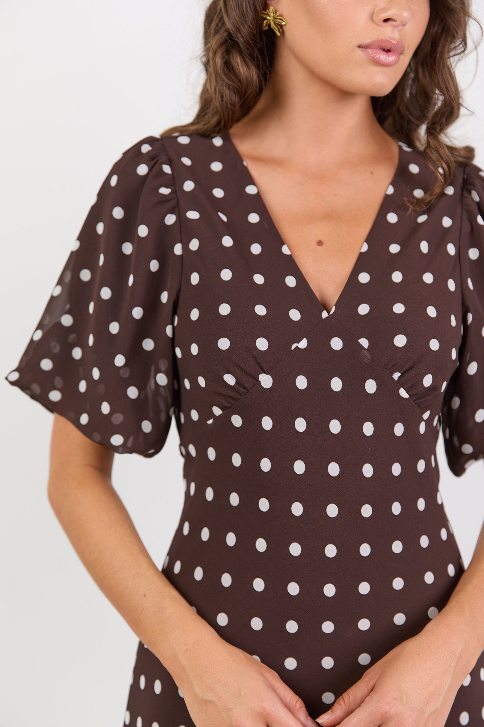 Aura Chocolate Polka Dot Puff Short Sleeve Bias Midi Dress