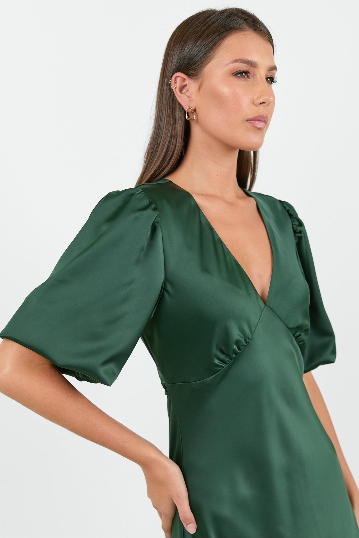 Aura Forest Satin Puff Short Sleeve Bias Midi Dress