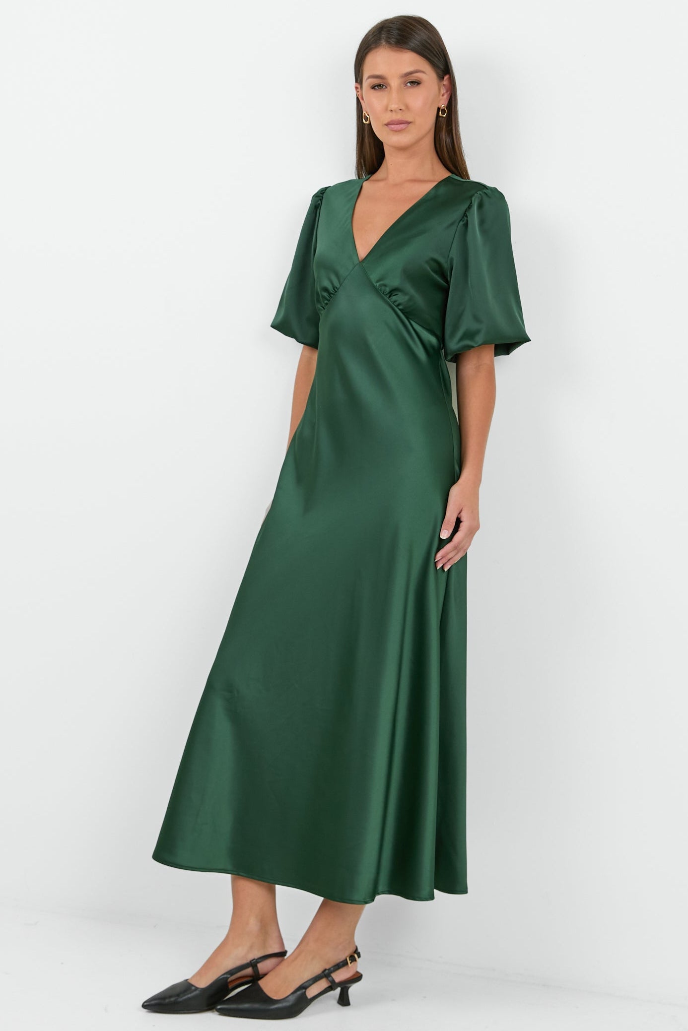 Aura Forest Satin Puff Short Sleeve Bias Midi Dress