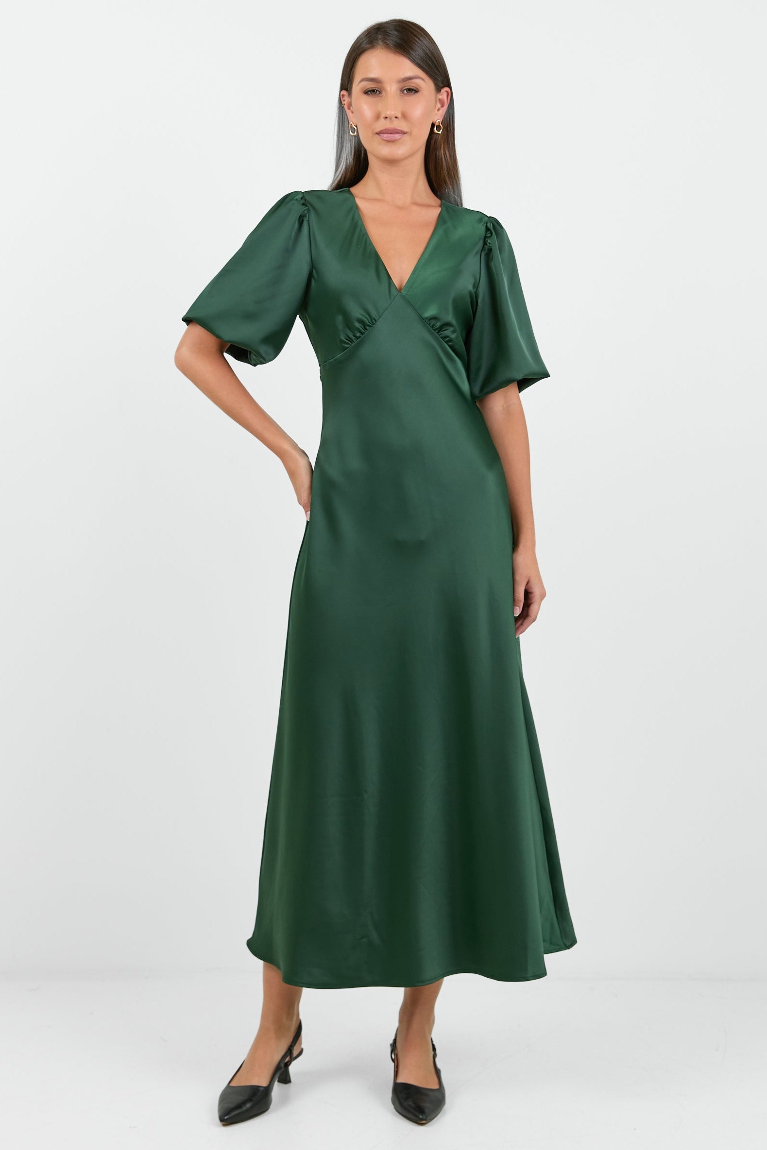 Aura Forest Satin Puff Short Sleeve Bias Midi Dress