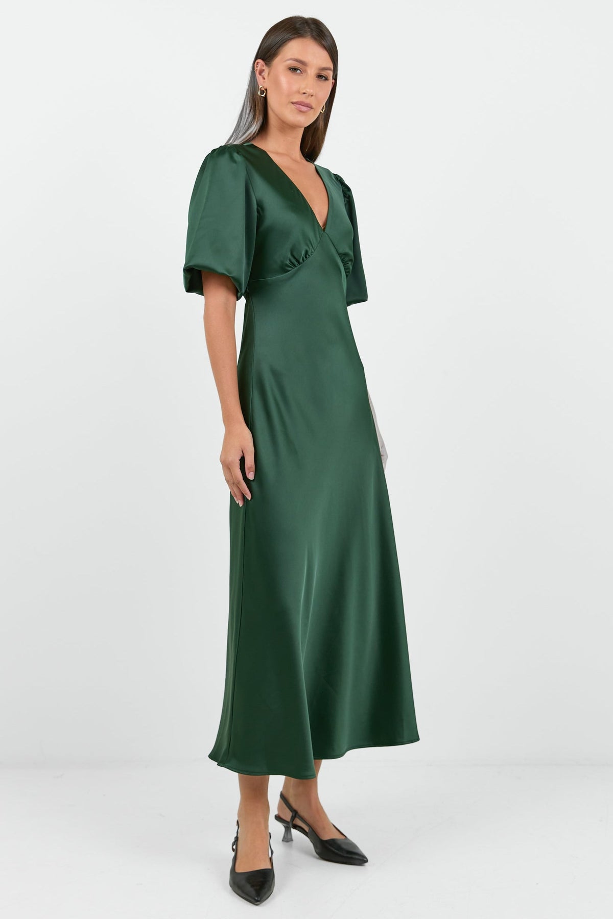 Aura Forest Satin Puff Short Sleeve Bias Midi Dress