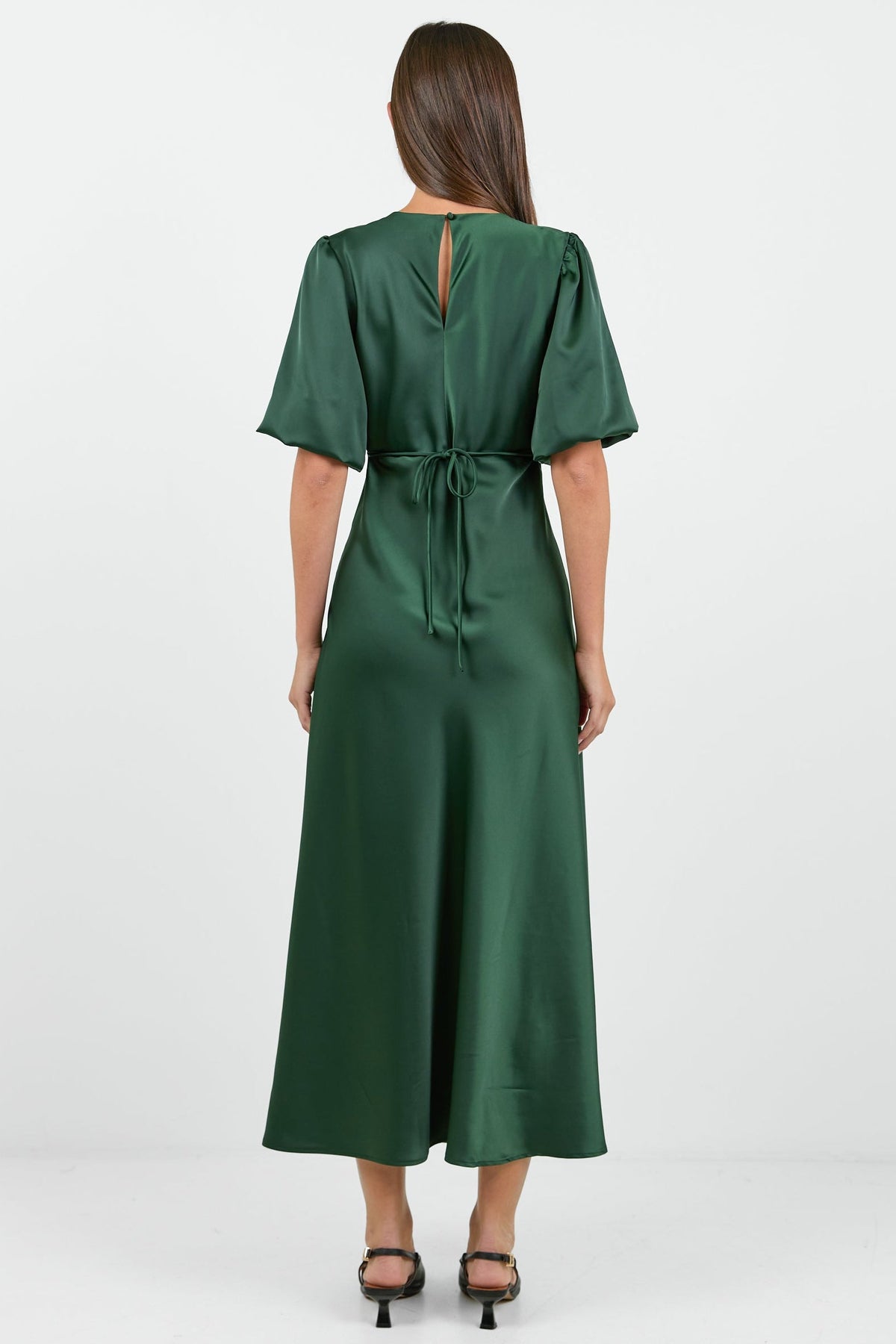 Aura Forest Satin Puff Short Sleeve Bias Midi Dress