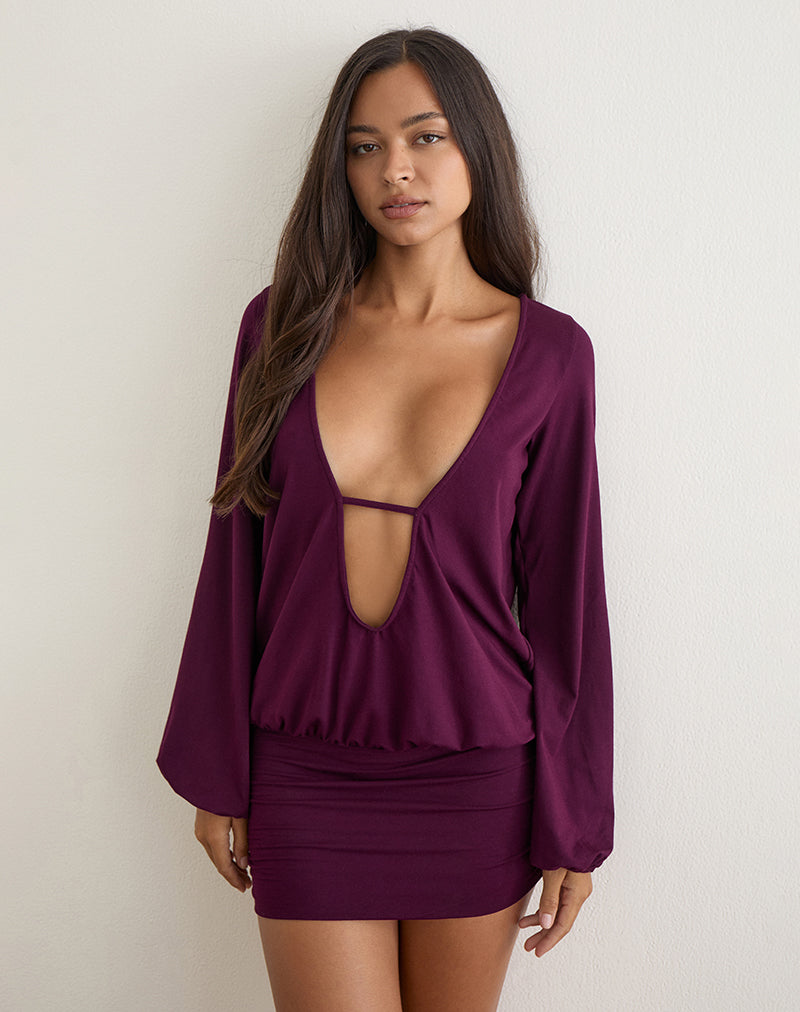 Bede Long Sleeve Deep Plunge Mini Dress in Fig
