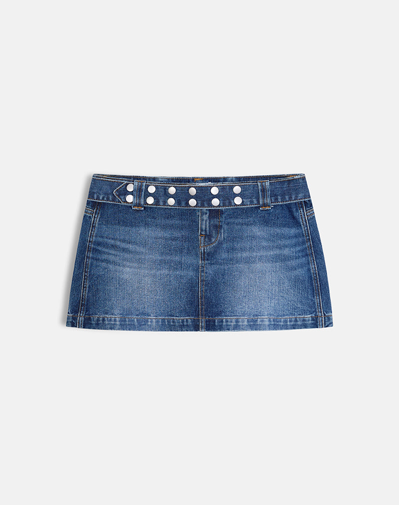 Belted Denim Mini Skirt in Dark Blue