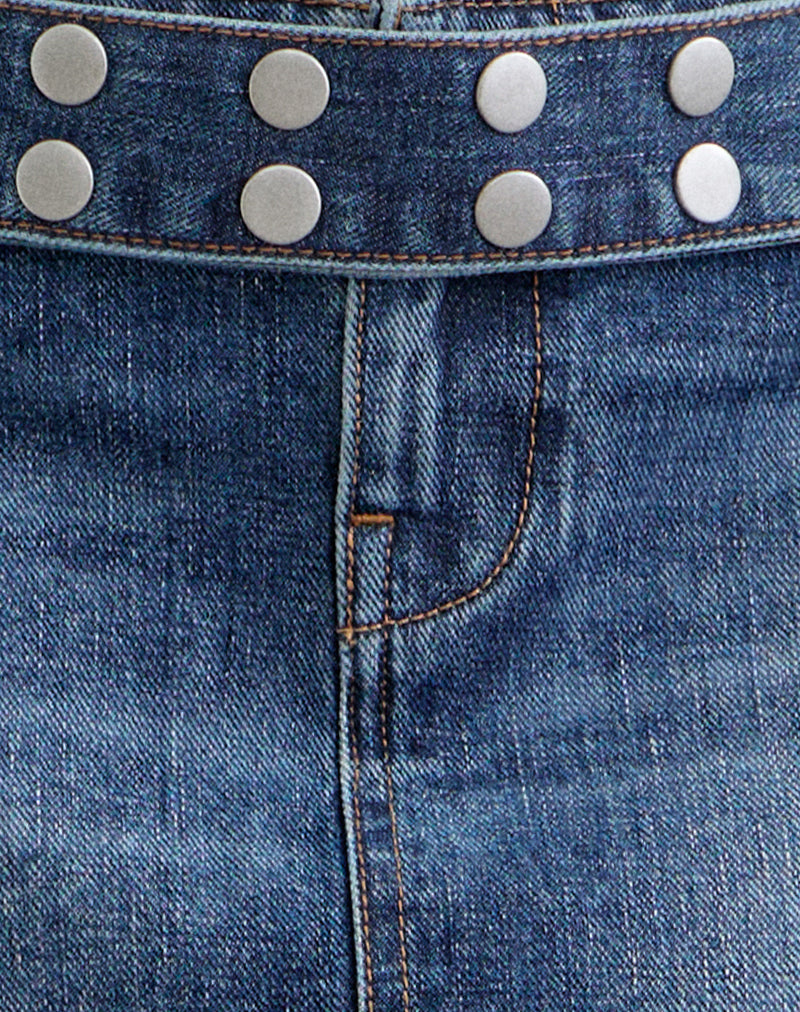Belted Denim Mini Skirt in Dark Blue