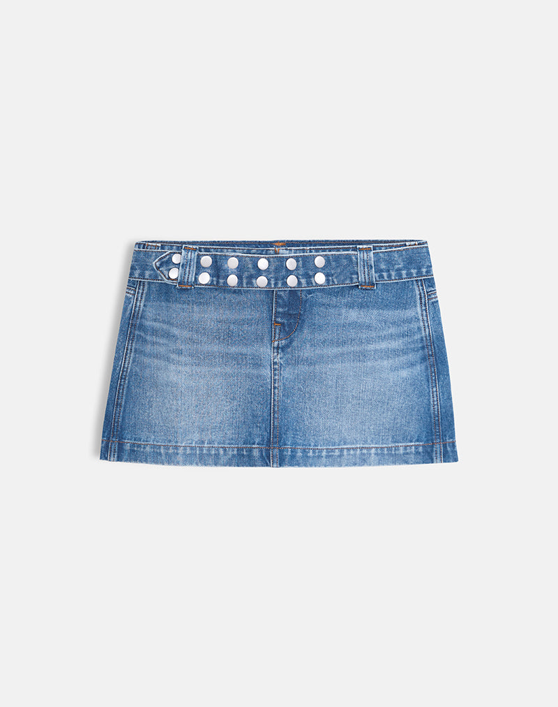 Belted Denim Mini Skirt in Fade Blue