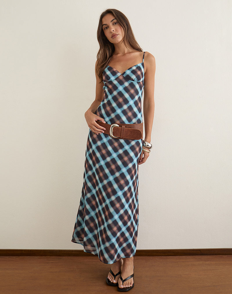 Bianna Dress in Chiffon Black and Blue Hazy Check