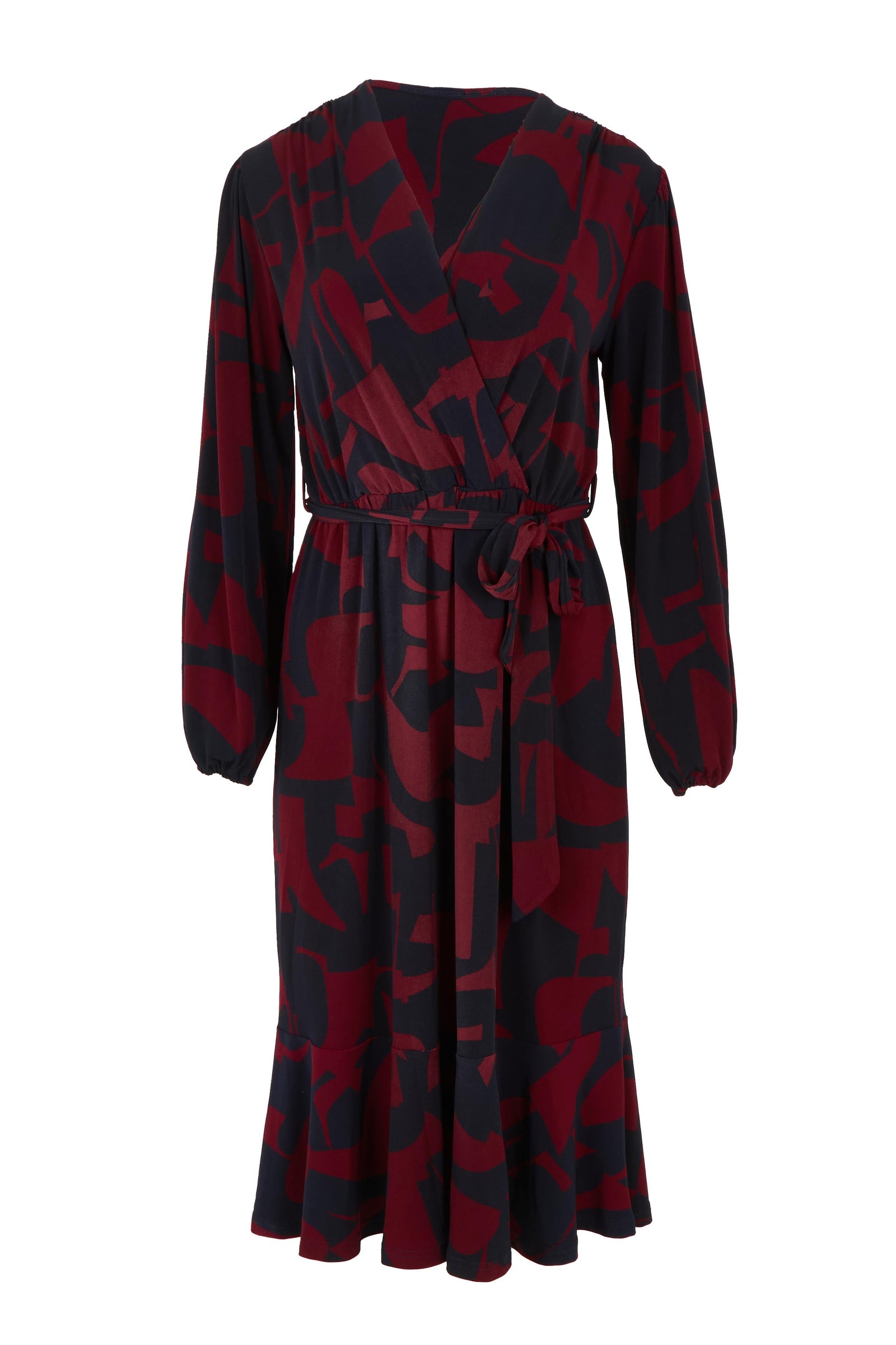 Belle Printed Long Sleeve Mock Wrap Dress - Winenavy