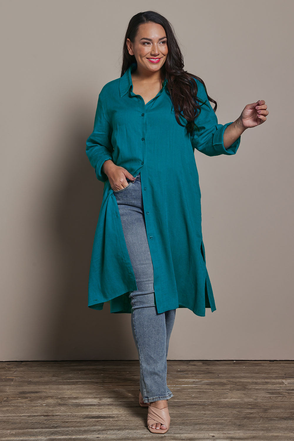Belle 3 Way Linen Blend Shirtmaker Dress - Aqua