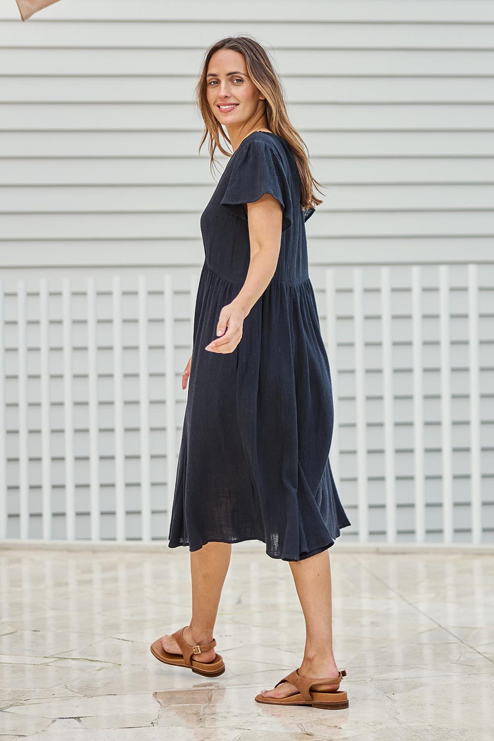 Cute As A Button Cotton Midi Dress – Black