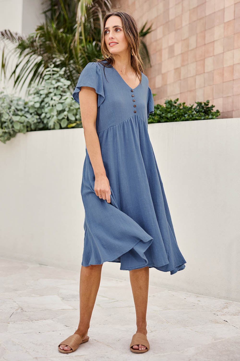 Cute As A Button Cotton Midi Dress – Bluebell