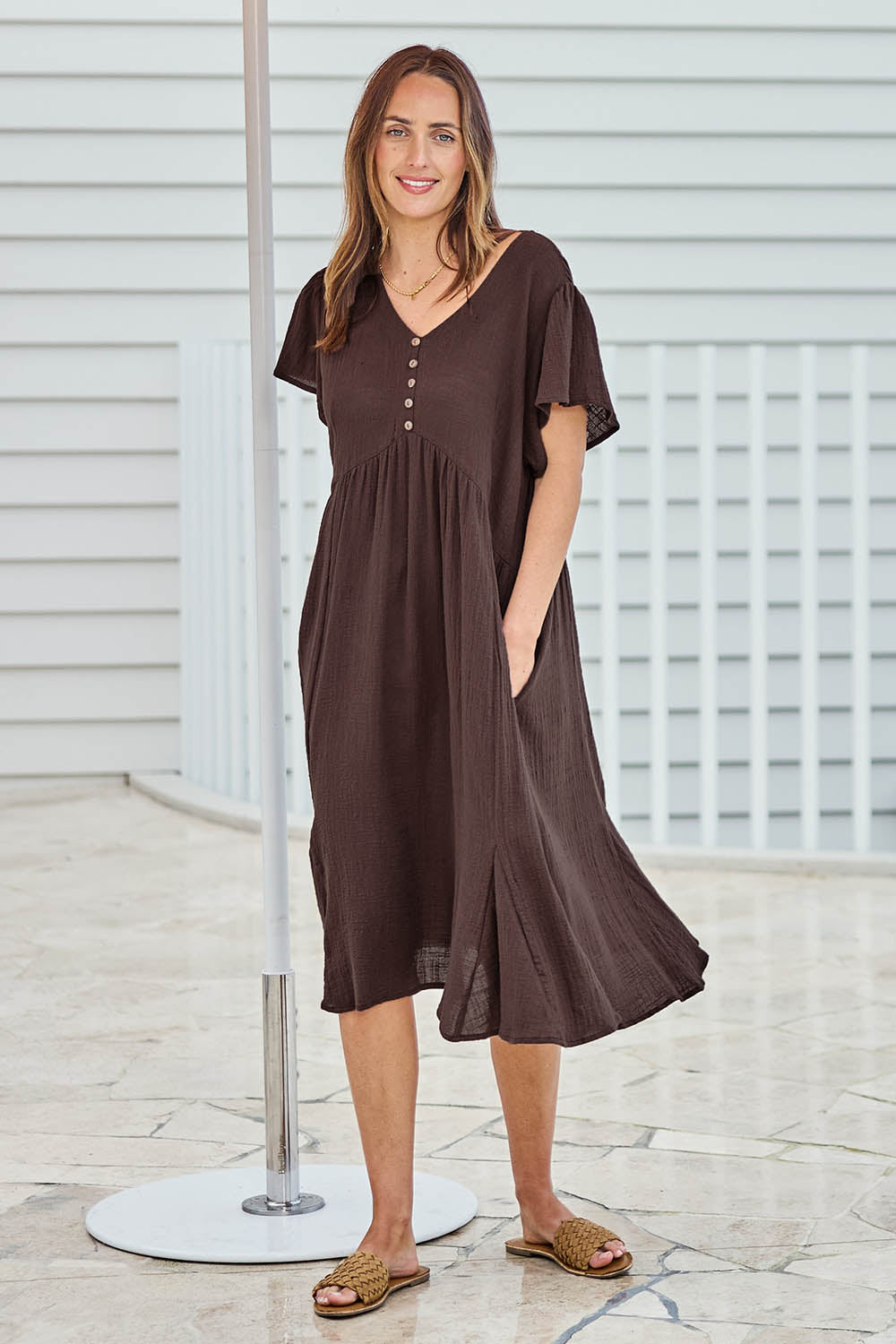 Cute As A Button Cotton Midi Dress – Chocolate