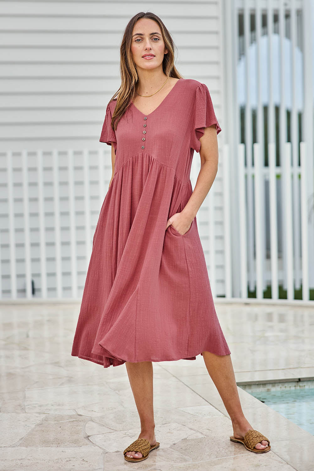Cute As A Button Cotton Midi Dress – Dustyrose