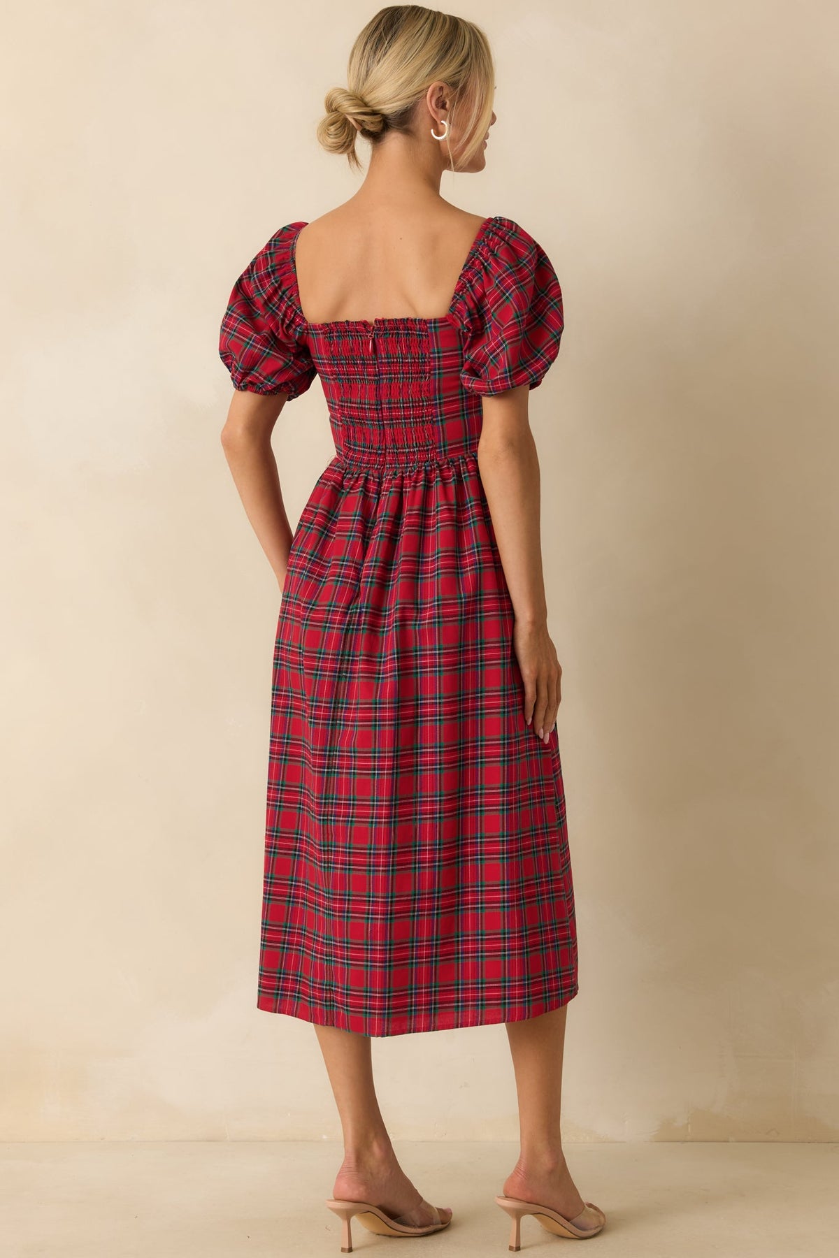 Always You Cotton Red Plaid Puff Sleeve Midi Dress