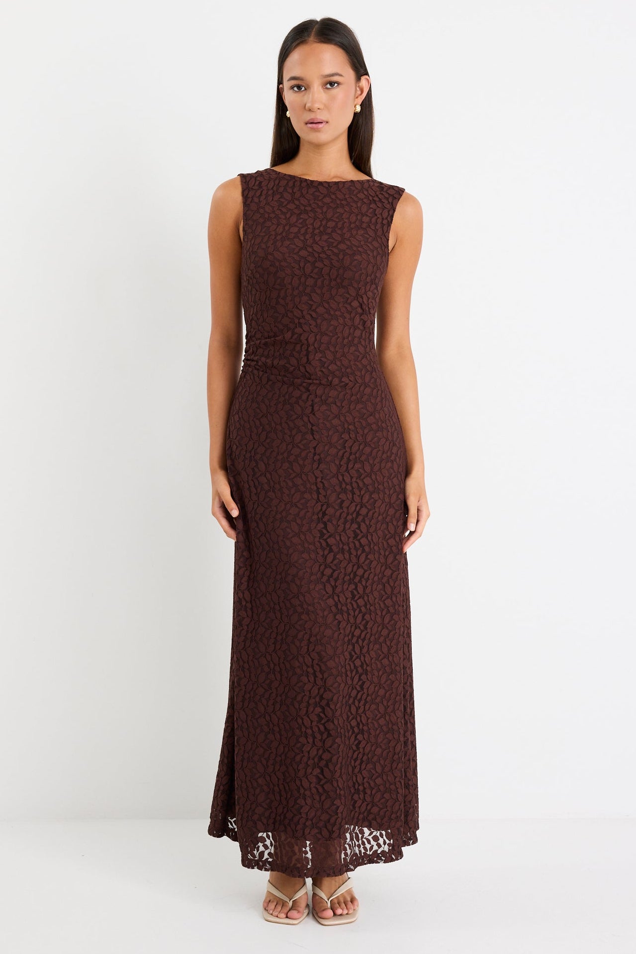 Backlit Chocolate Lace Sleeveless Maxi Dress