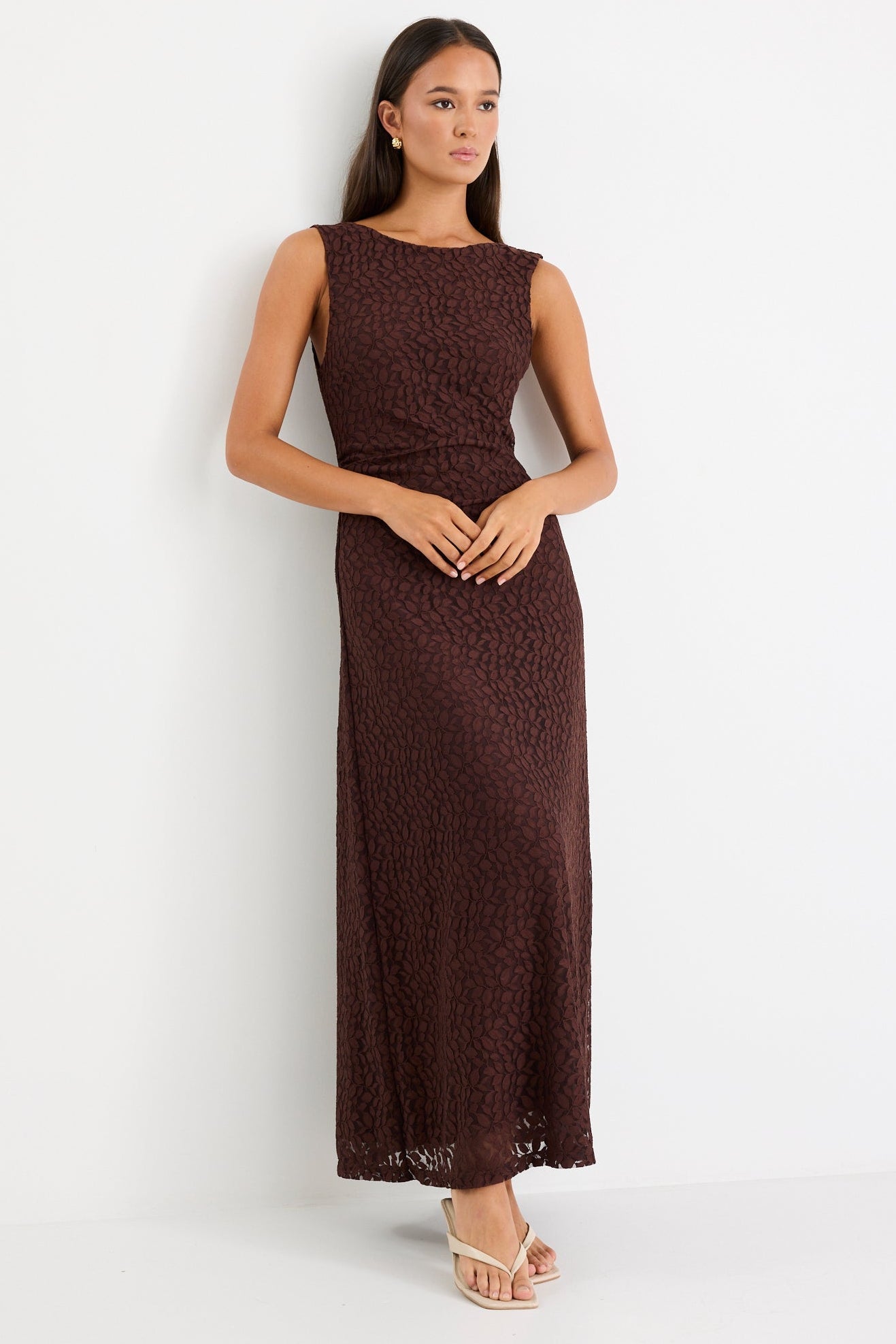 Backlit Chocolate Lace Sleeveless Maxi Dress