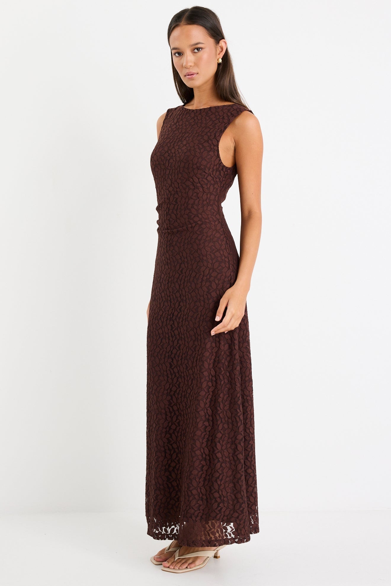Backlit Chocolate Lace Sleeveless Maxi Dress