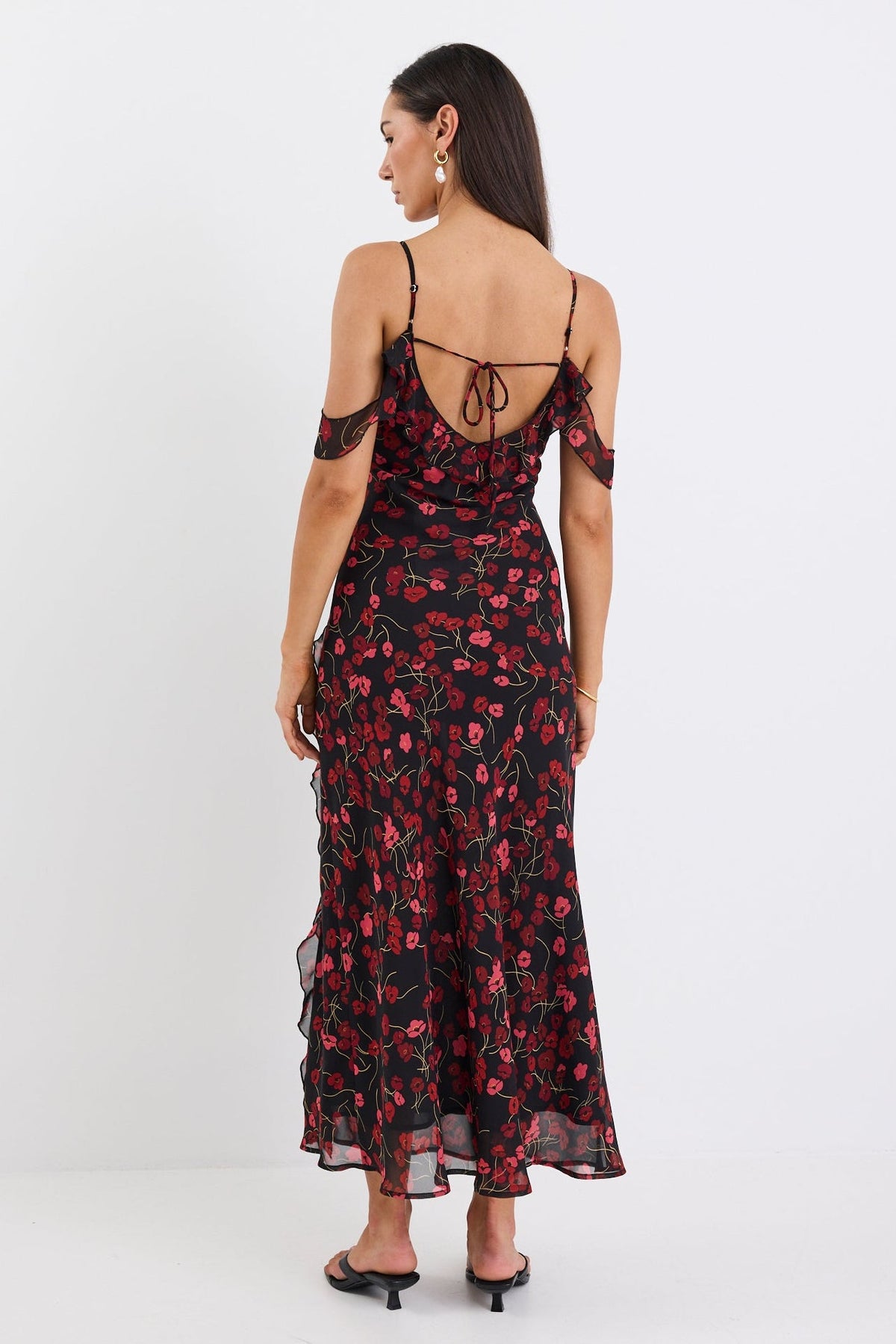 Belfast Black Poppy Print Georgette Bias Ruffle Slip Maxi Dress