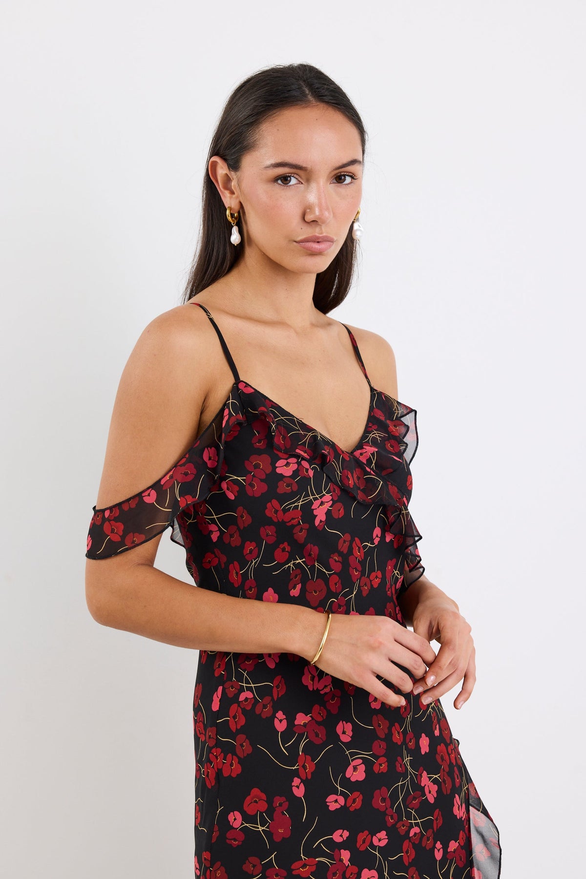 Belfast Black Poppy Print Georgette Bias Ruffle Slip Maxi Dress
