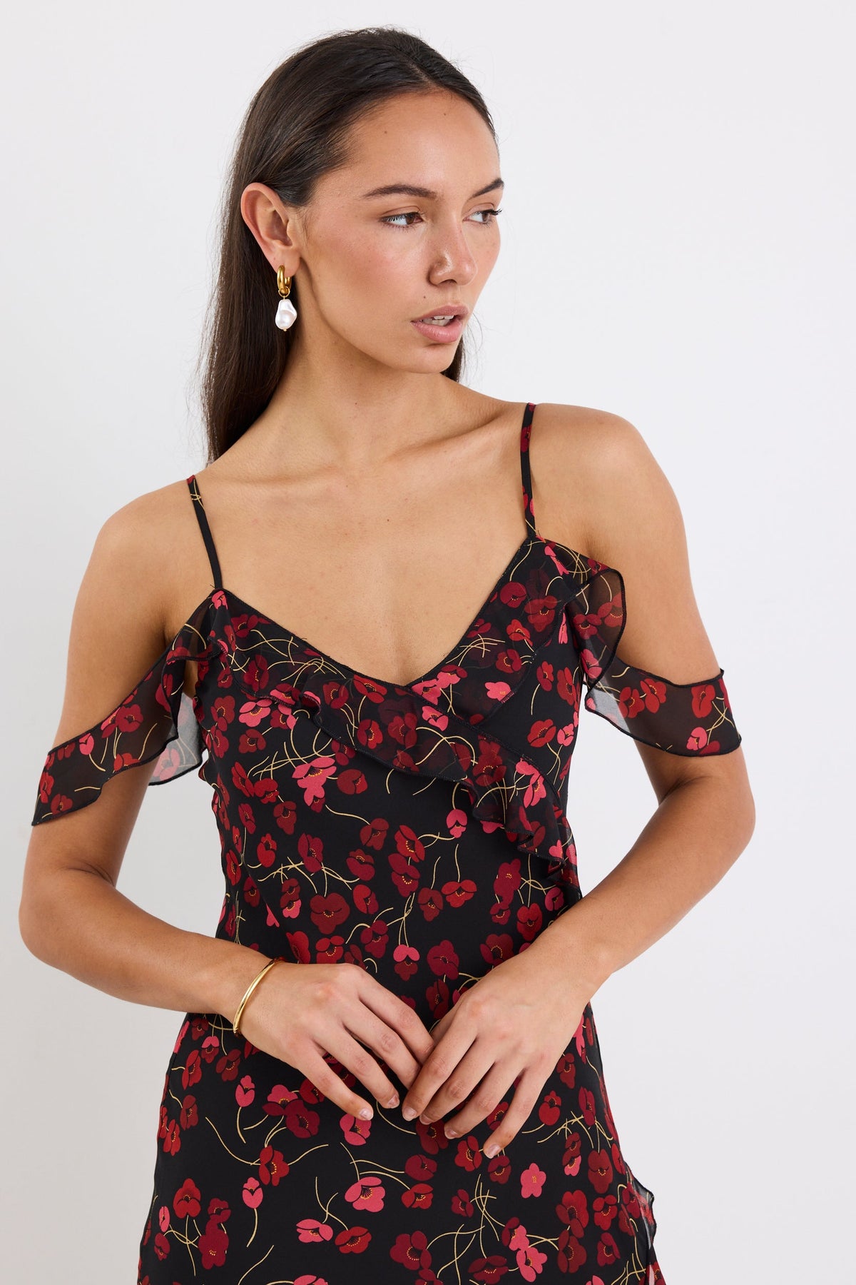 Belfast Black Poppy Print Georgette Bias Ruffle Slip Maxi Dress