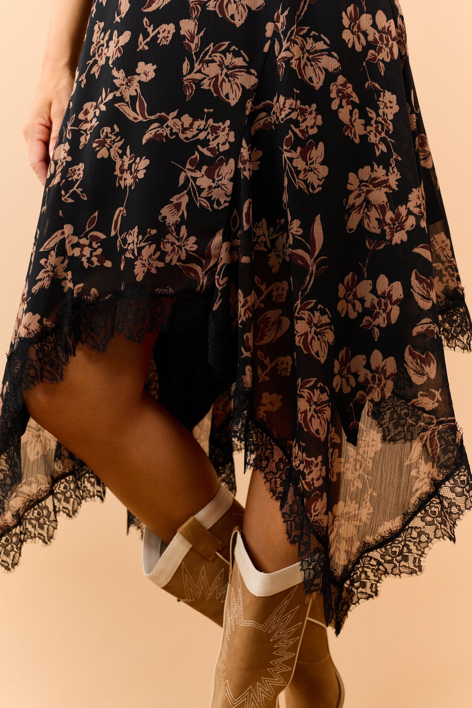 Black Floral Print Handkerchief Hem Midi Slip Dress