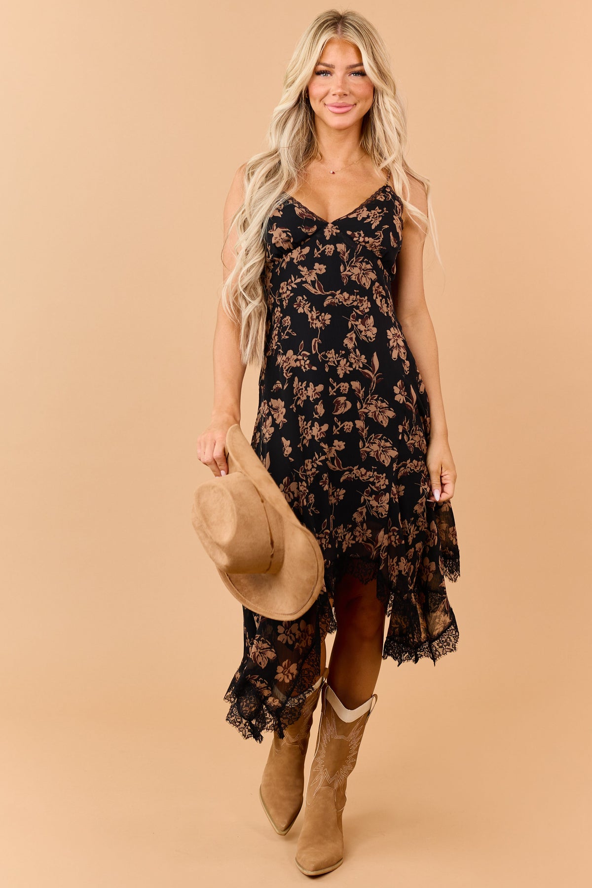 Black Floral Print Handkerchief Hem Midi Slip Dress
