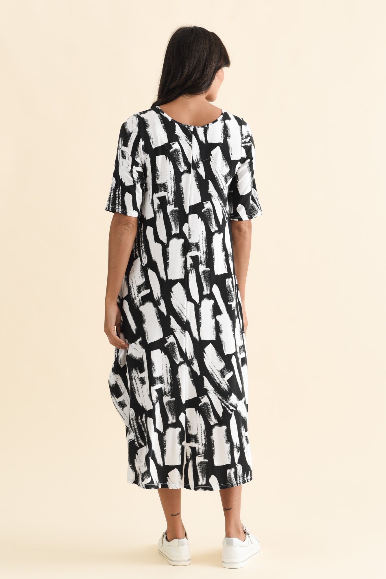 Black Brush Stroke Micro Modal Tri Drape Dress