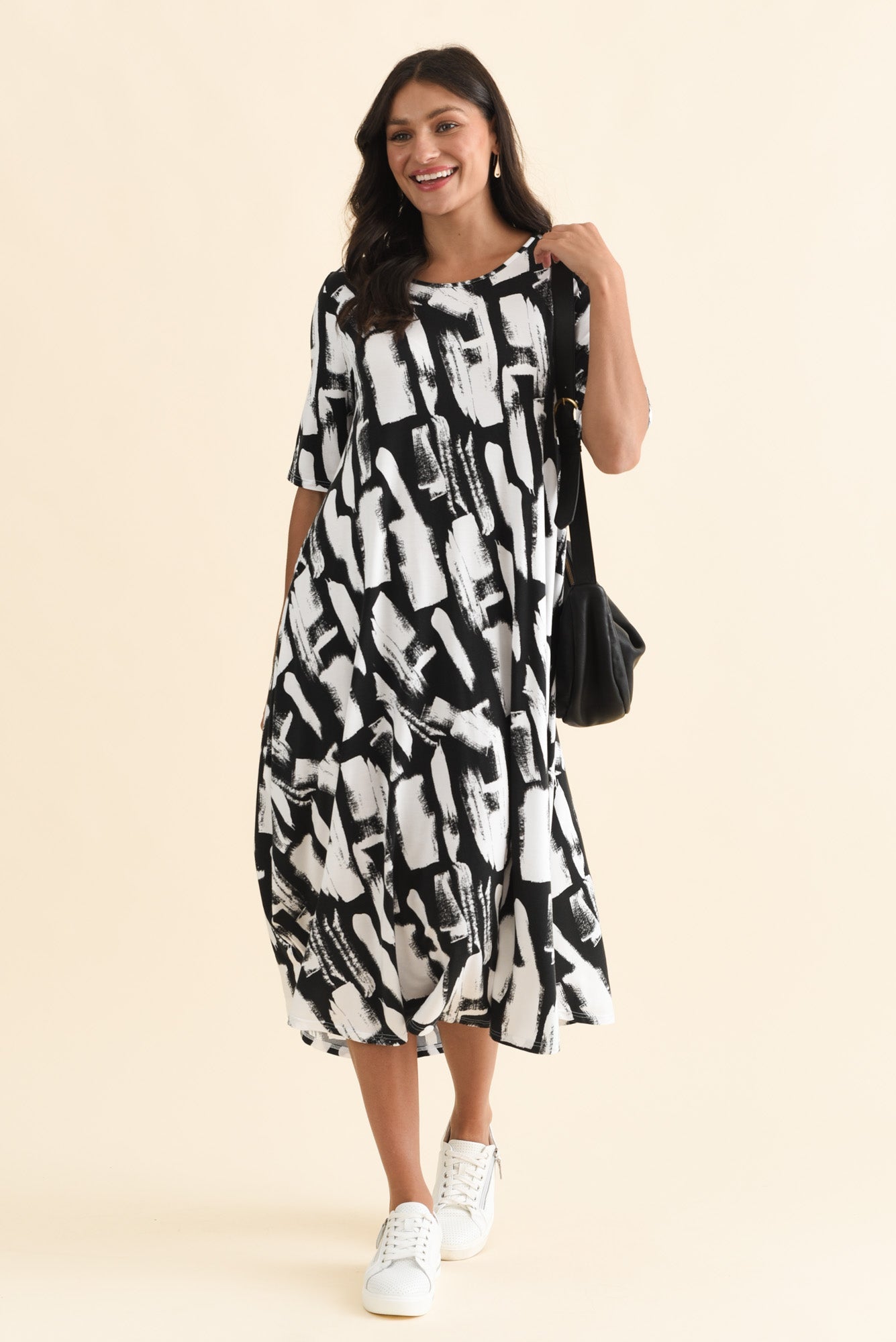 Black Brush Stroke Micro Modal Tri Drape Dress