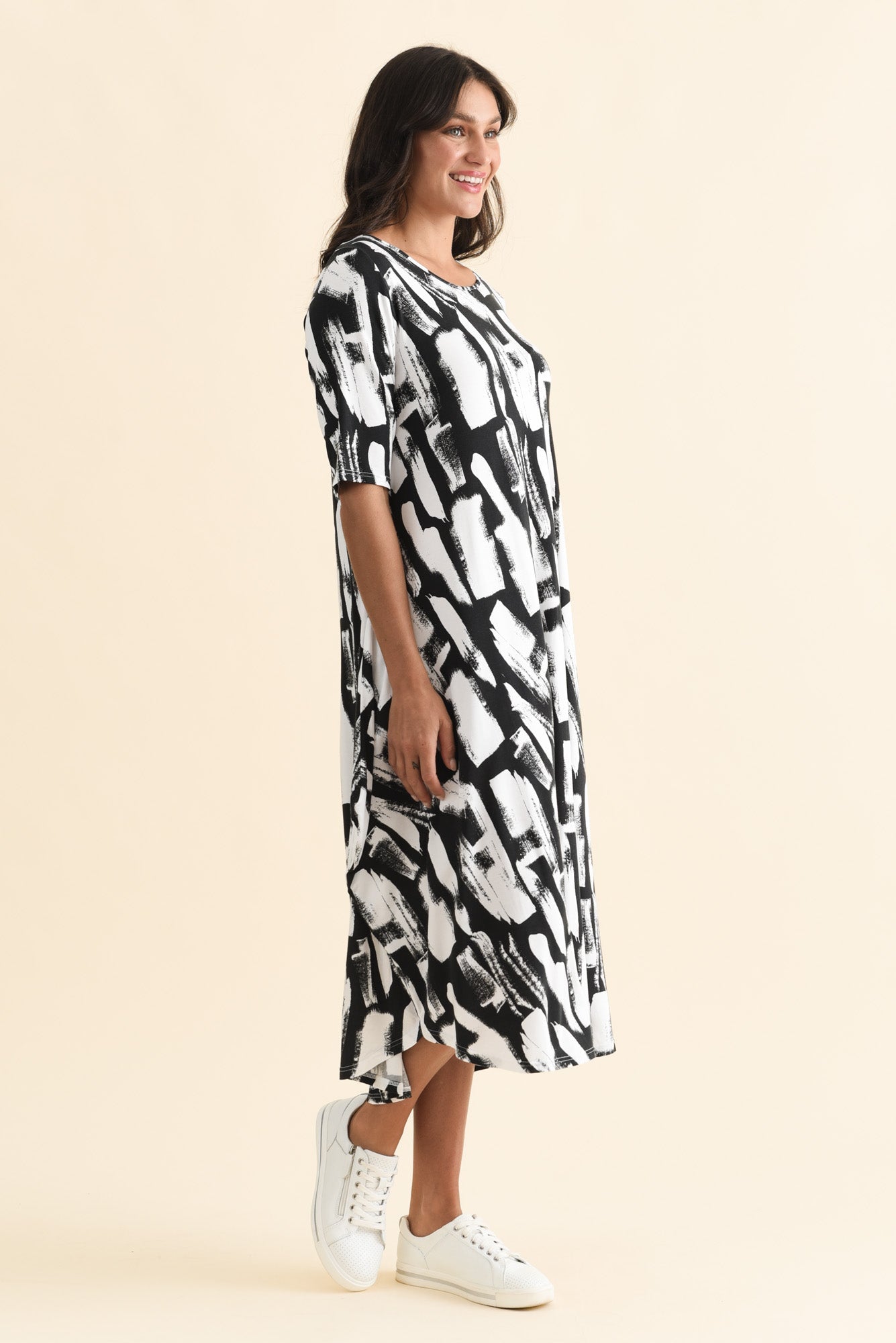 Black Brush Stroke Micro Modal Tri Drape Dress