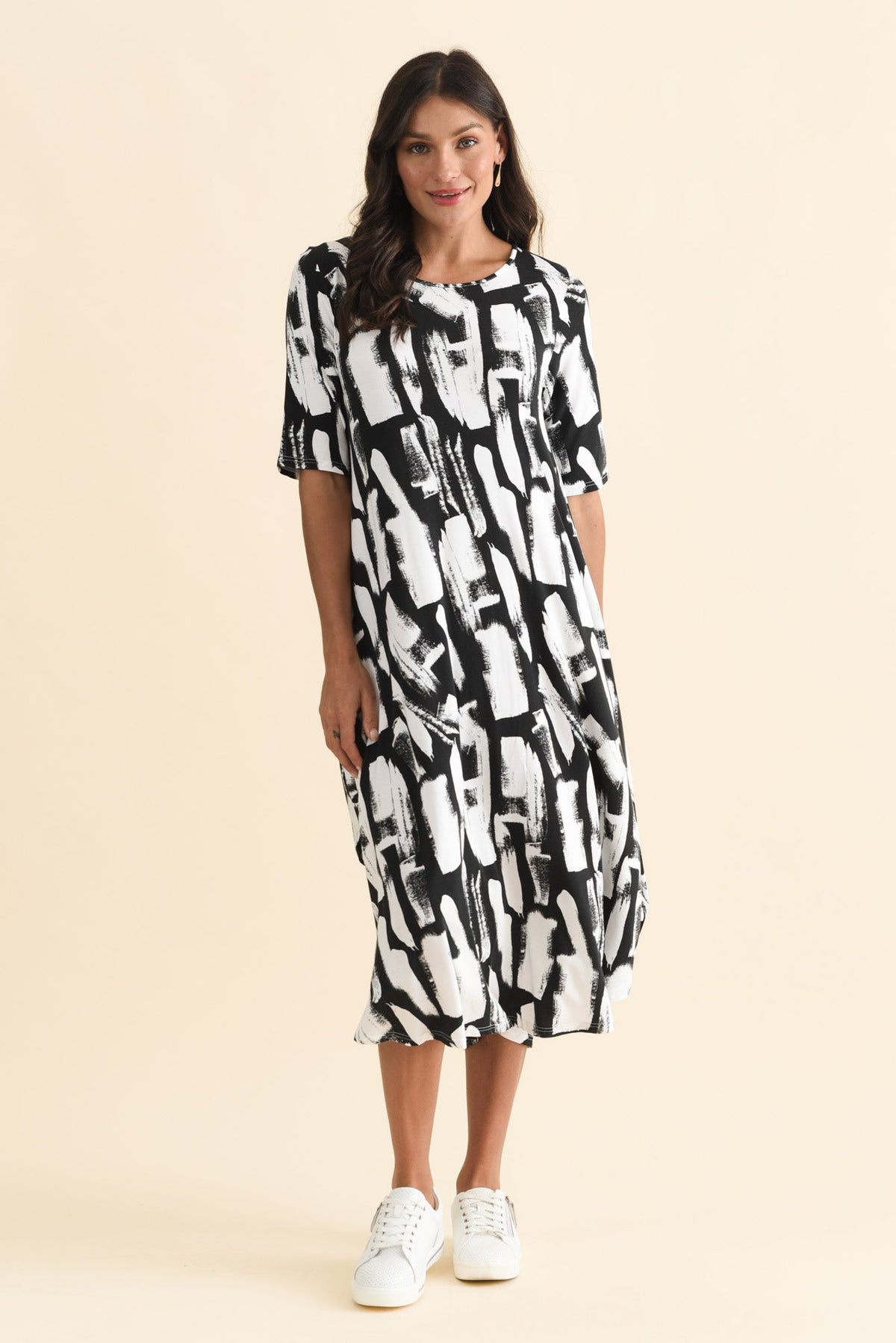 Black Brush Stroke Micro Modal Tri Drape Dress