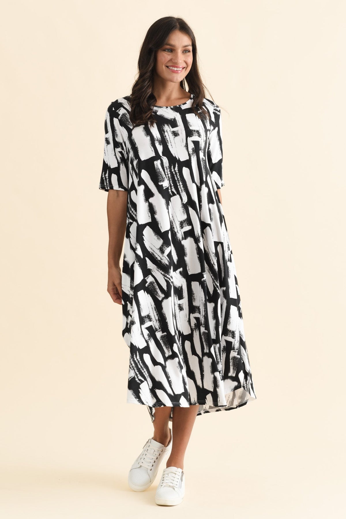 Black Brush Stroke Micro Modal Tri Drape Dress