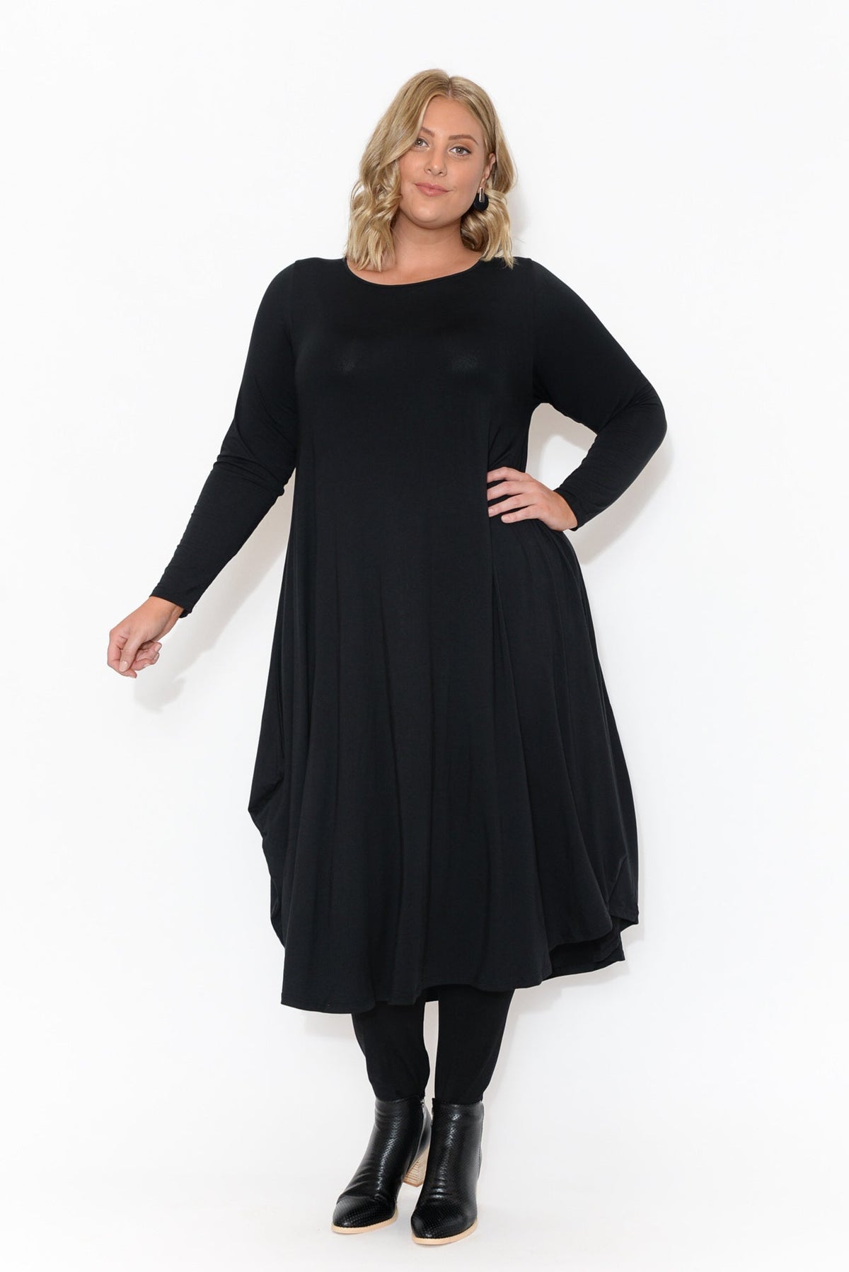 Black Long Sleeved Micro Modal Drape Dress